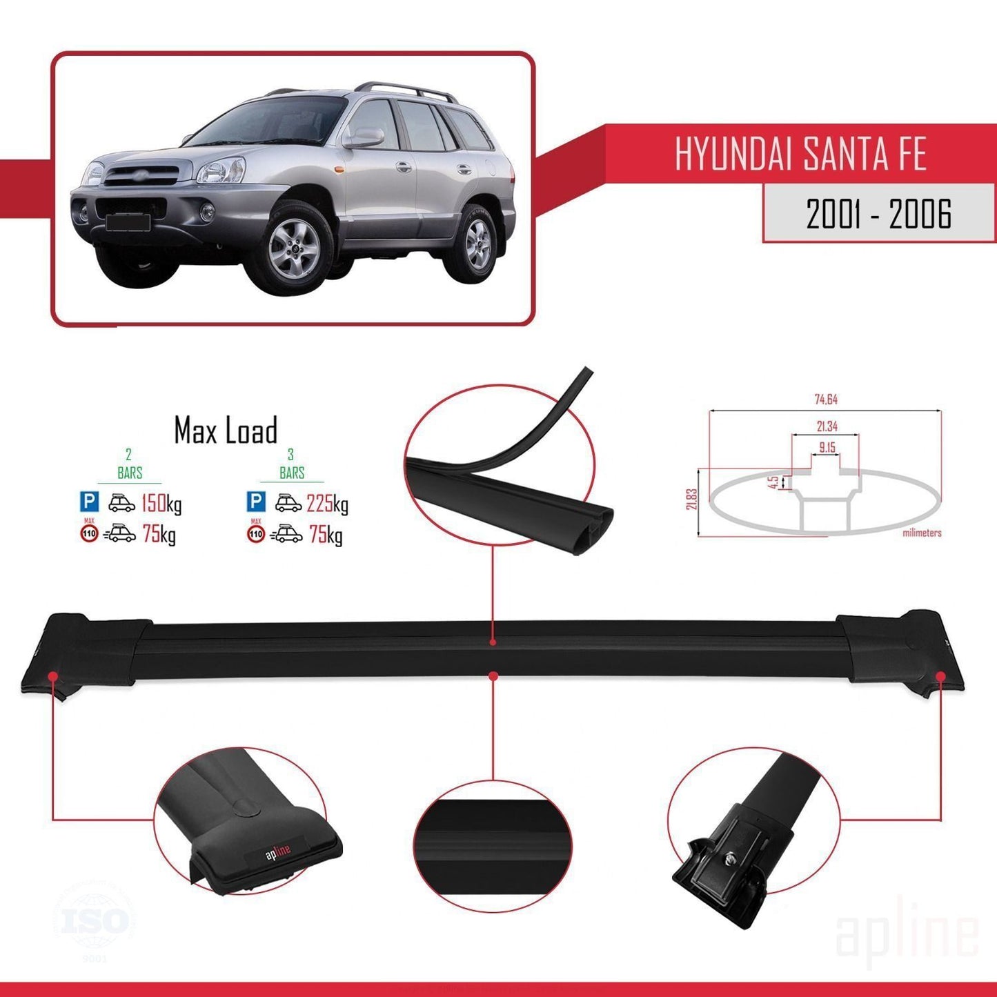 Compatible avec Hyundai Santa Fe (SM) 2001-2006 FLY Model Barres de Toit Railing Porte-Bagages de Voiture Noir Aluminium 2 Barres
