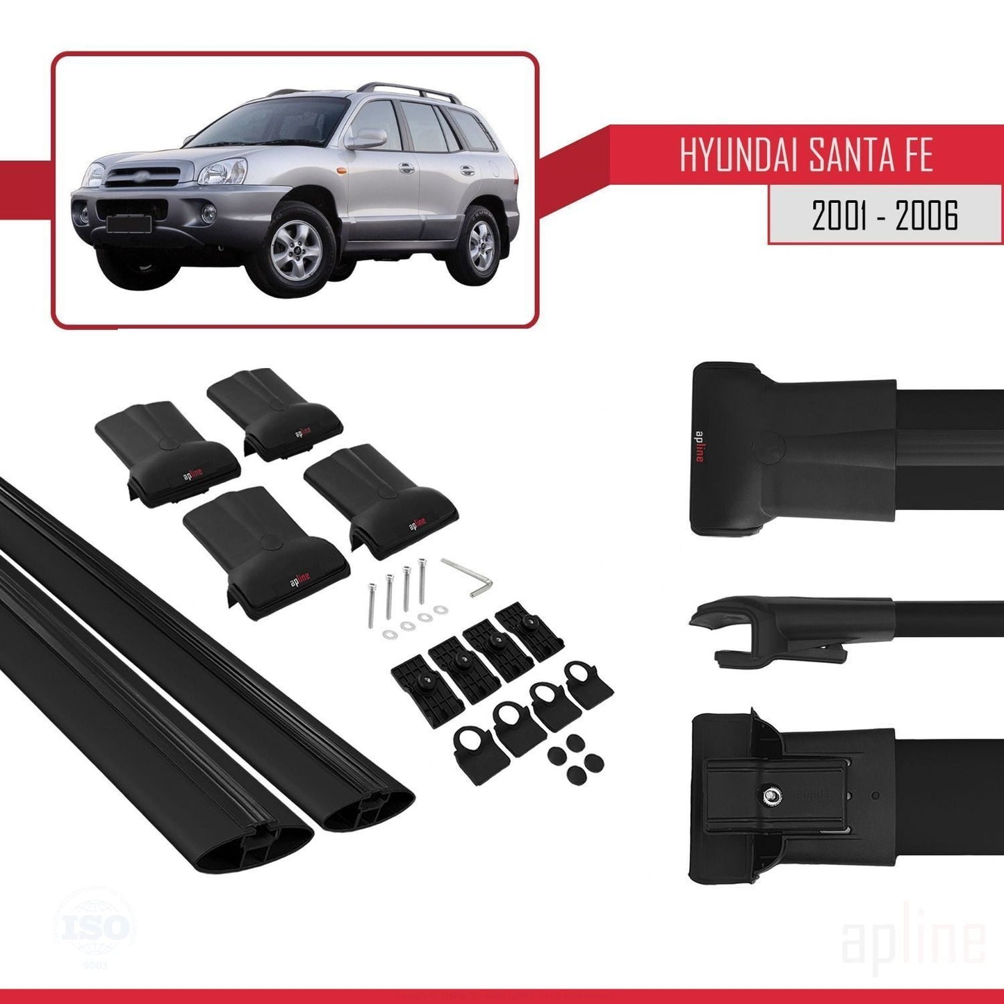 Compatible avec Hyundai Santa Fe (SM) 2001-2006 FLY Model Barres de Toit Railing Porte-Bagages de Voiture Noir Aluminium 2 Barres