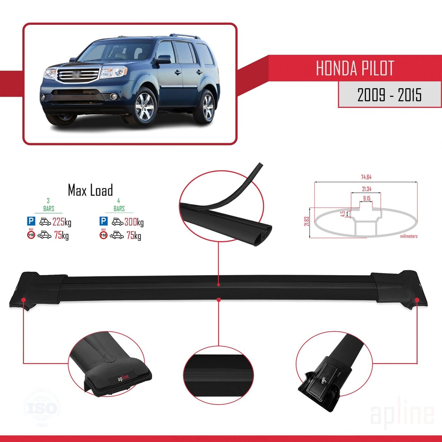 Compatible avec Honda Pilot 2 2009-2015 FLY Model Barres de Toit Railing Porte-Bagages de Voiture Noir Aluminium 3 Barres