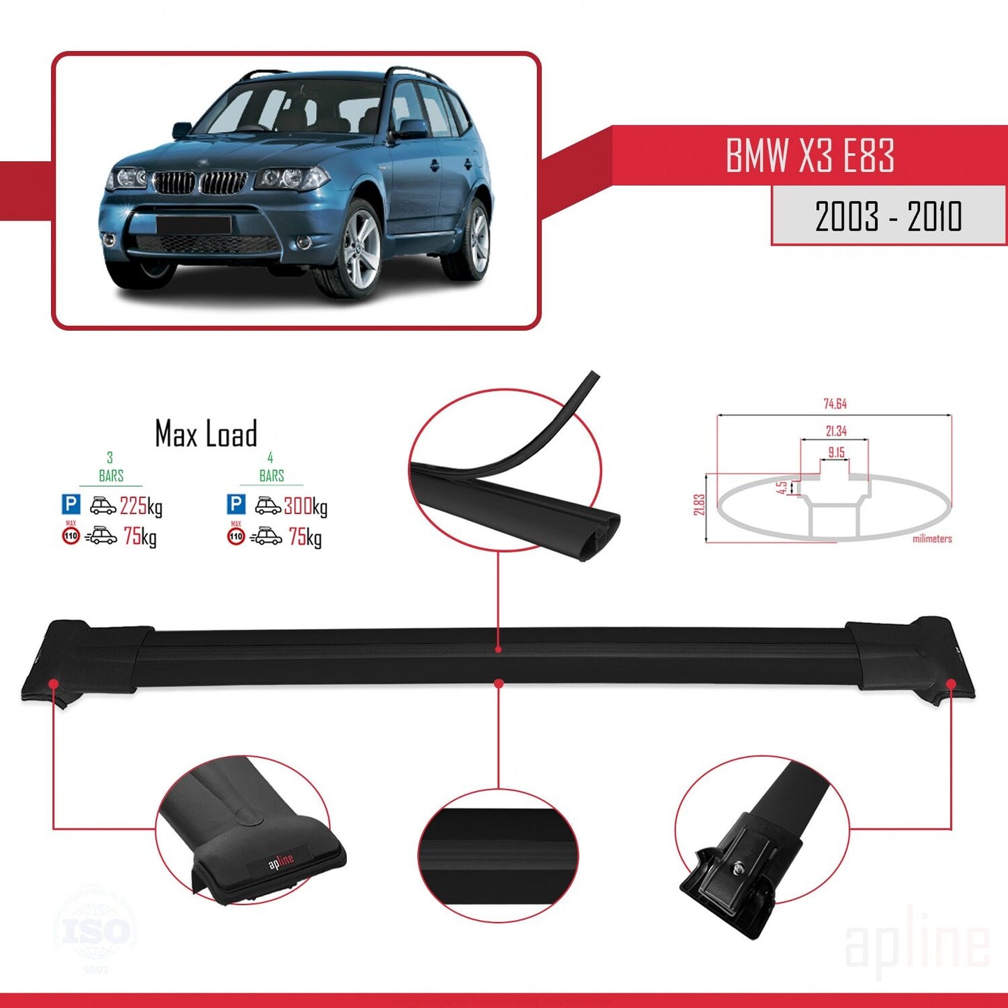 Compatible avec BMW X3 (E83) 2003-2010 FLY Model Barres de Toit Railing Porte-Bagages de Voiture Noir Aluminium 3 Barres