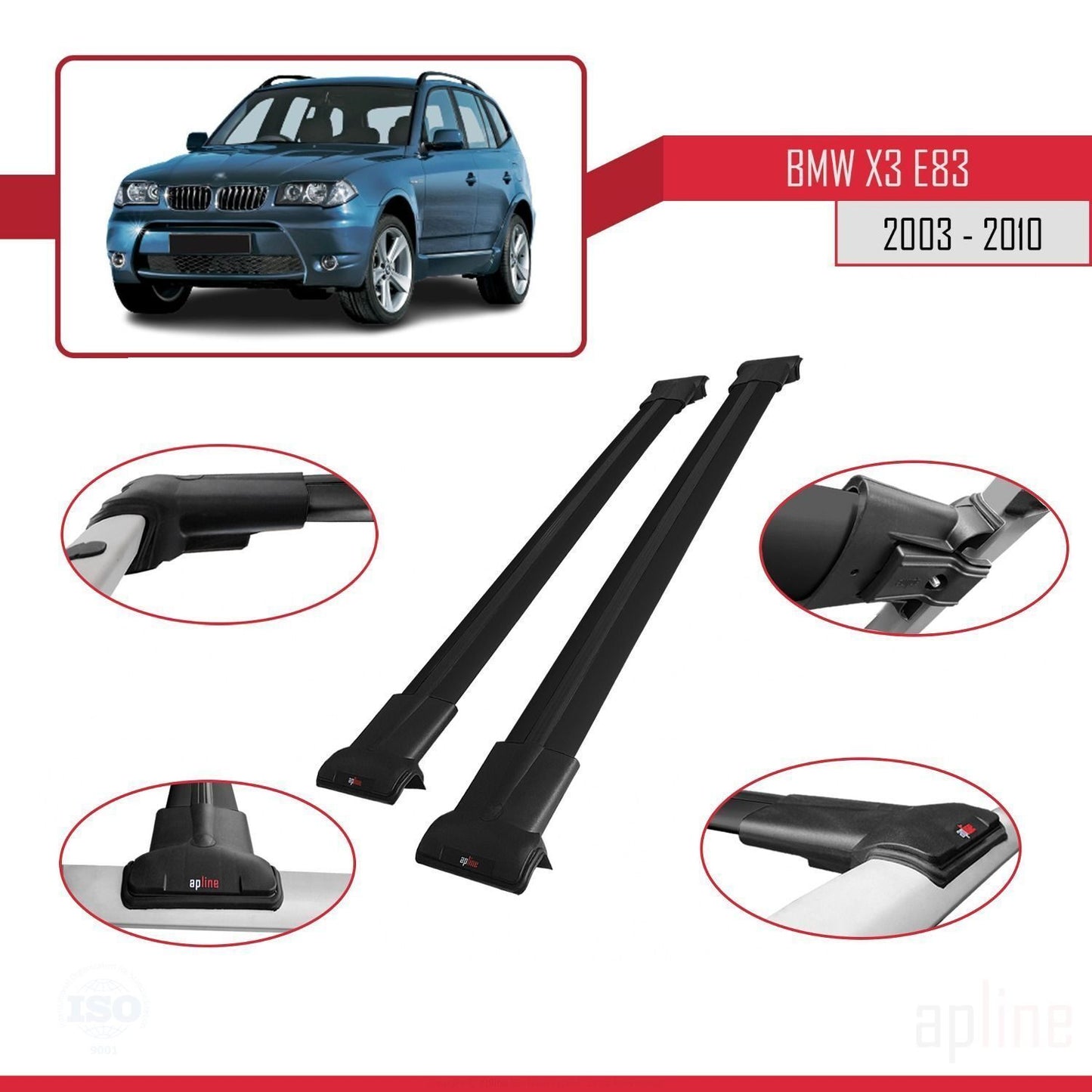 Kompatibel mit BMW X3 (E83) 2003-2010 FLY Modell Dachgepäckträger, schwarzes Aluminium, 2 Stangen
