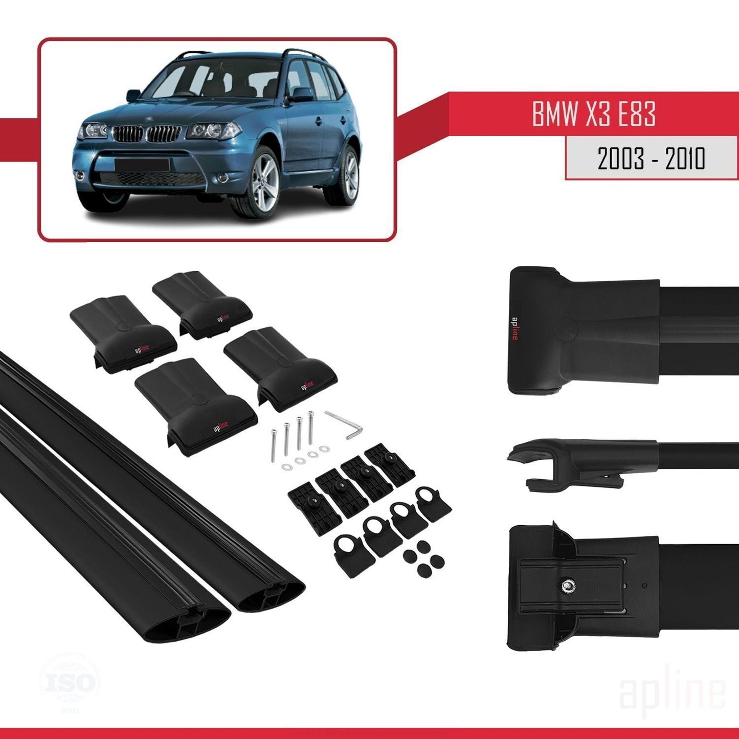 Kompatibel mit BMW X3 (E83) 2003-2010 FLY Modell Dachgepäckträger, schwarzes Aluminium, 2 Stangen