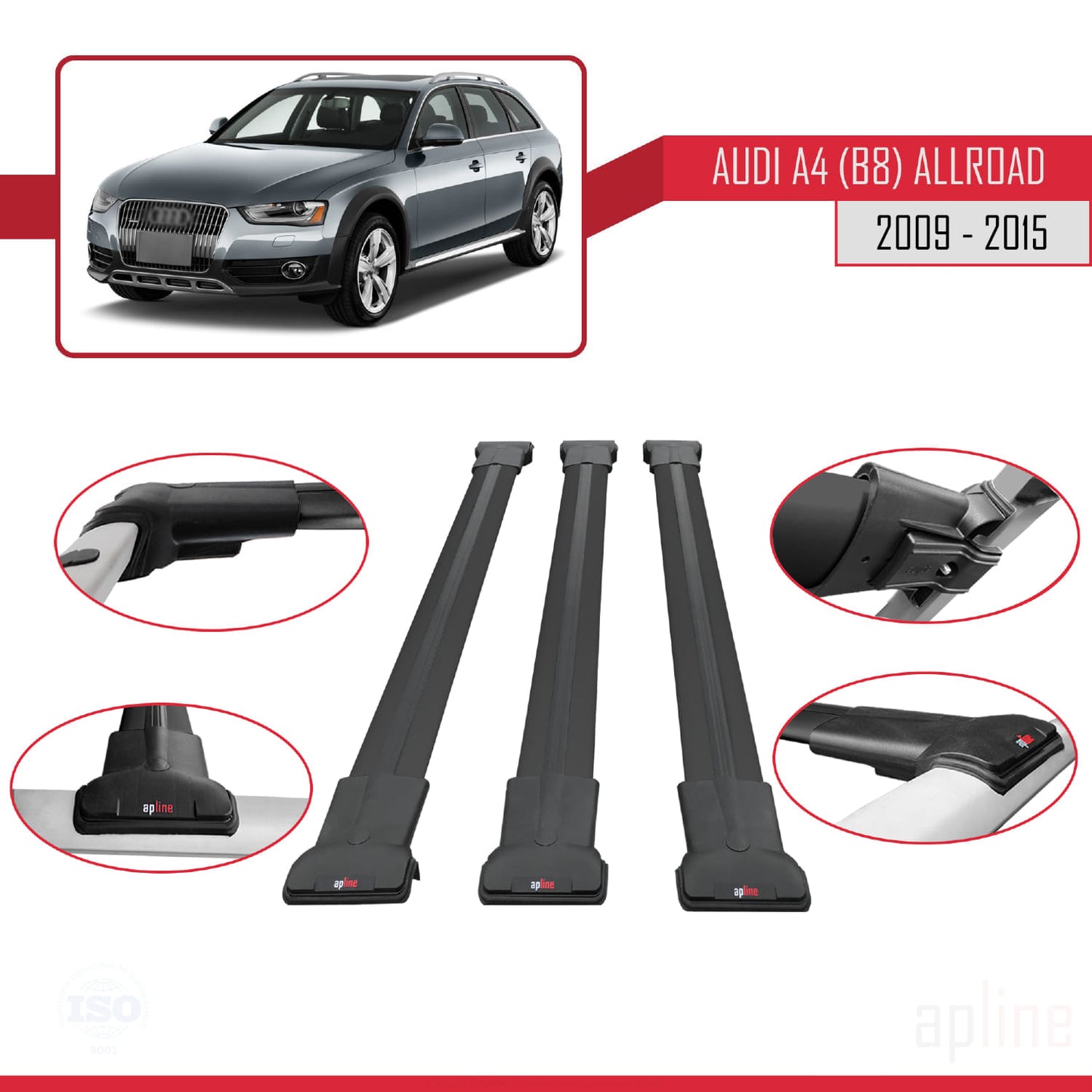 Compatibile con A4 (B8) Allroad 2009-2015 modello FLY Barre portatutto per auto Portapacchi in alluminio nero 3 barre