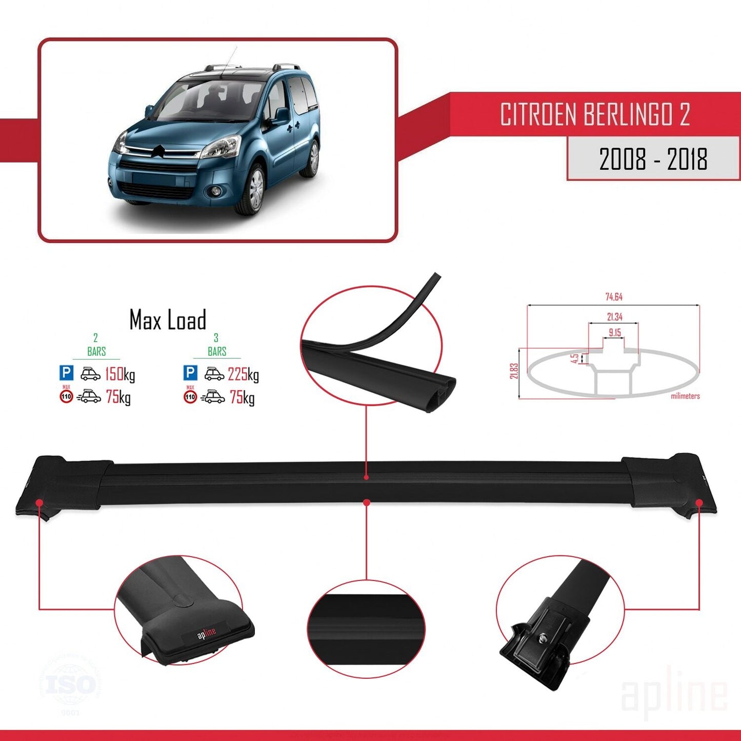 Compatible avec Citroen Berlingo 2 (B9) 2008-2018 FLY Model Barres de Toit Railing Porte-Bagages de Voiture Noir Aluminium 2 Barres