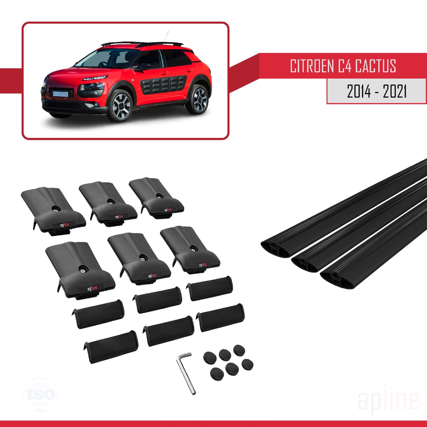 Kompatibel mit Citroen C4 Cactus 2014-2021 FLY Modell Dachgepäckträger, schwarzes Aluminium, 3 Querträger