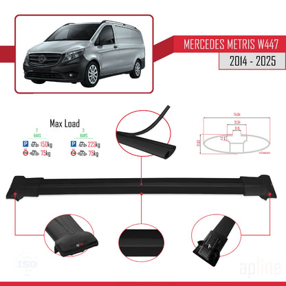 Compatible avec Mercedes Metris (W447) 2014-2025 FLY Model Barres de Toit Railing Porte-Bagages de Voiture Noir Aluminium 2 Barres