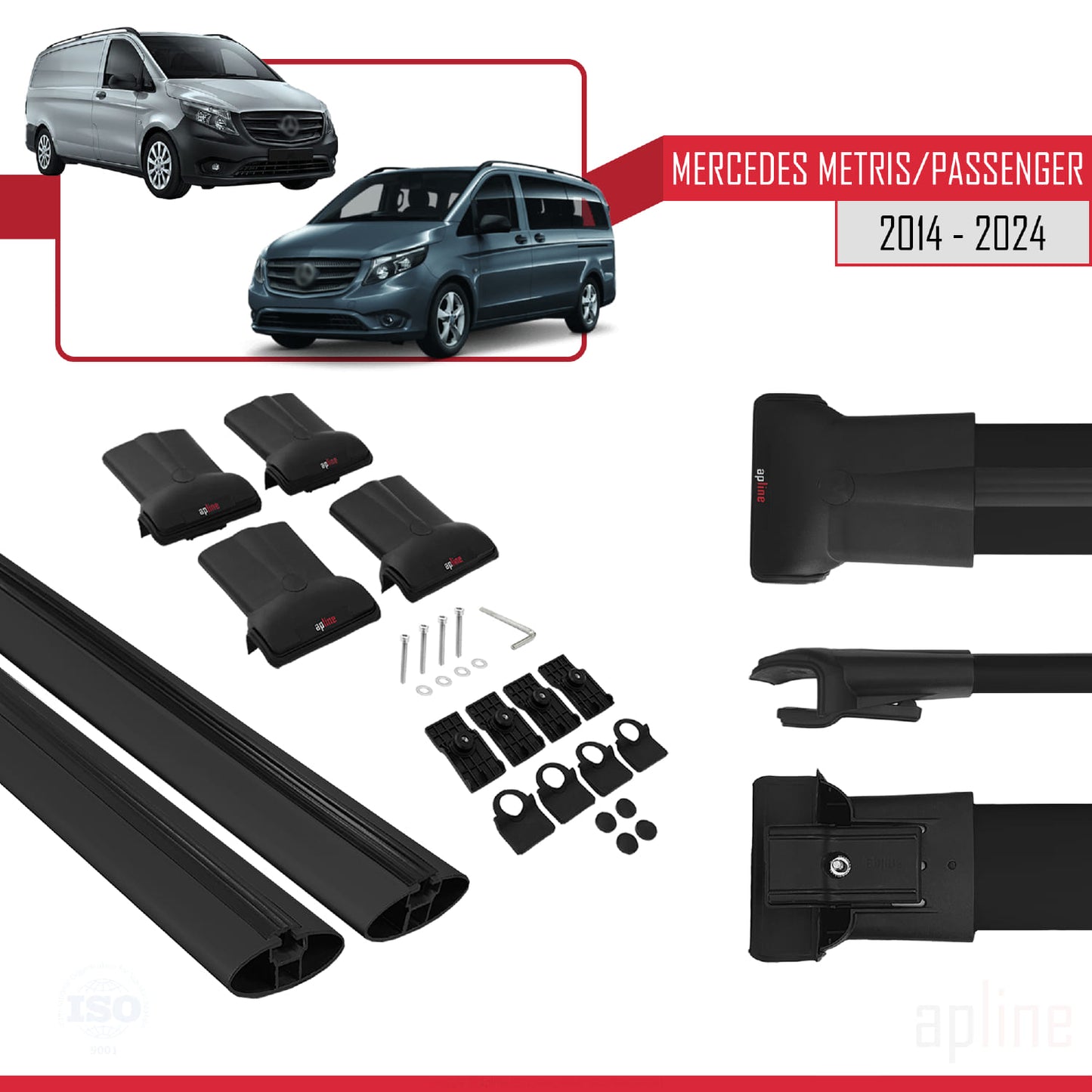 Compatible avec Mercedes Metris (W447) 2014-2025 FLY Model Barres de Toit Railing Porte-Bagages de Voiture Noir Aluminium 2 Barres