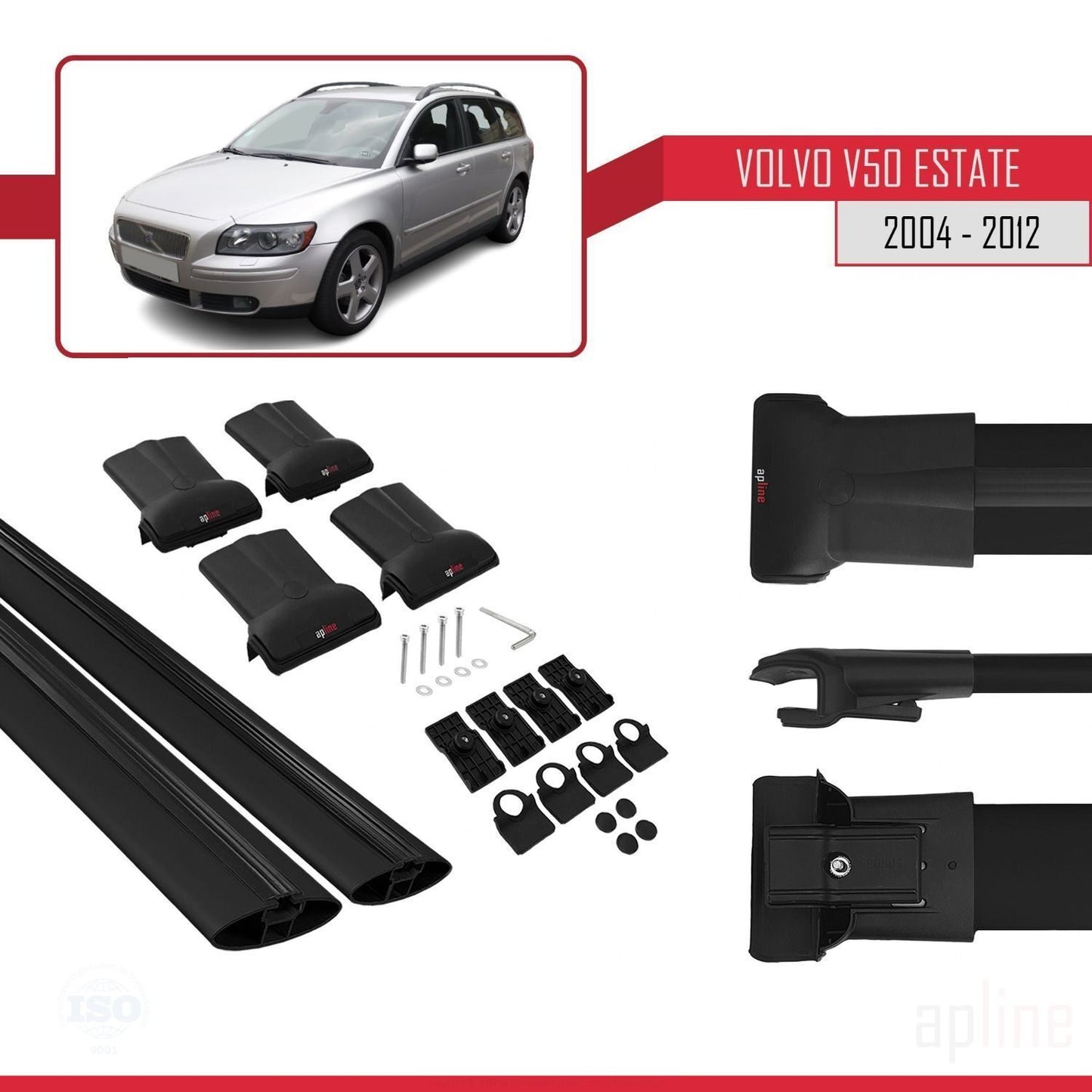Compatible avec Volvo V50 2004-2012 FLY Model Barres de Toit Railing Porte-Bagages de Voiture Noir Aluminium 2 Barres