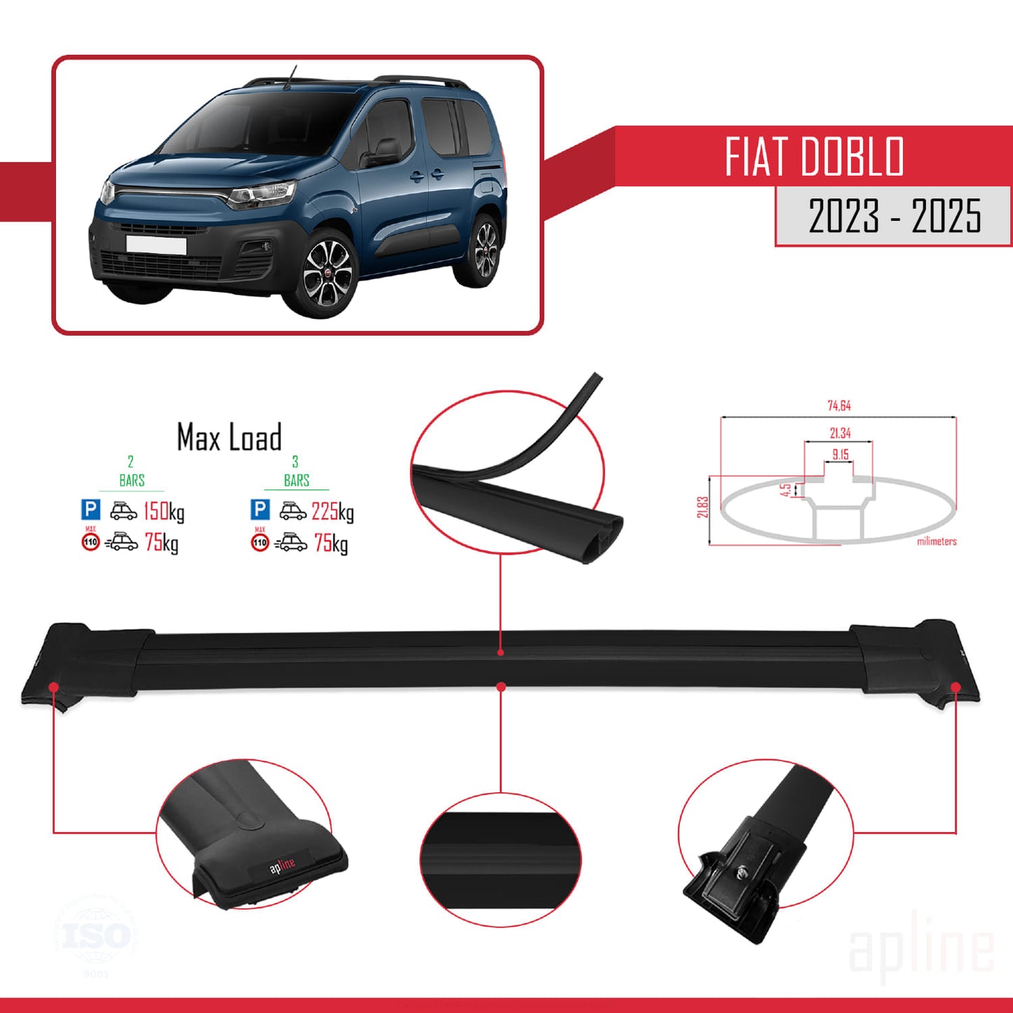 Compatible avec Fiat Doblo 3 2023-2025 FLY Model Barres de Toit Railing Porte-Bagages de Voiture Noir Aluminium 2 Barres