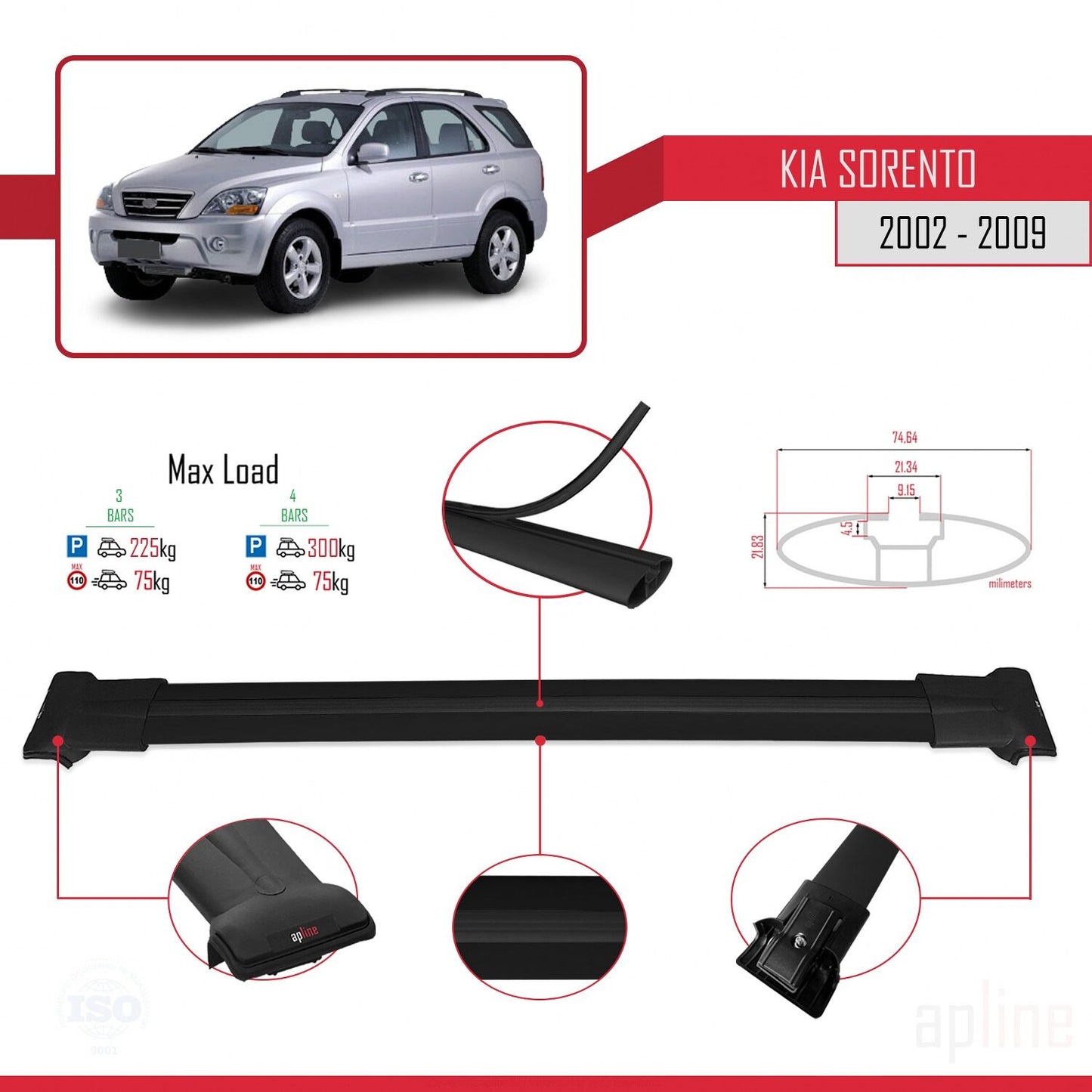 Compatible avec Kia Sorento (BL) 2002-2009 FLY Model Barres de Toit Railing Porte-Bagages de Voiture Noir Aluminium 3 Barres