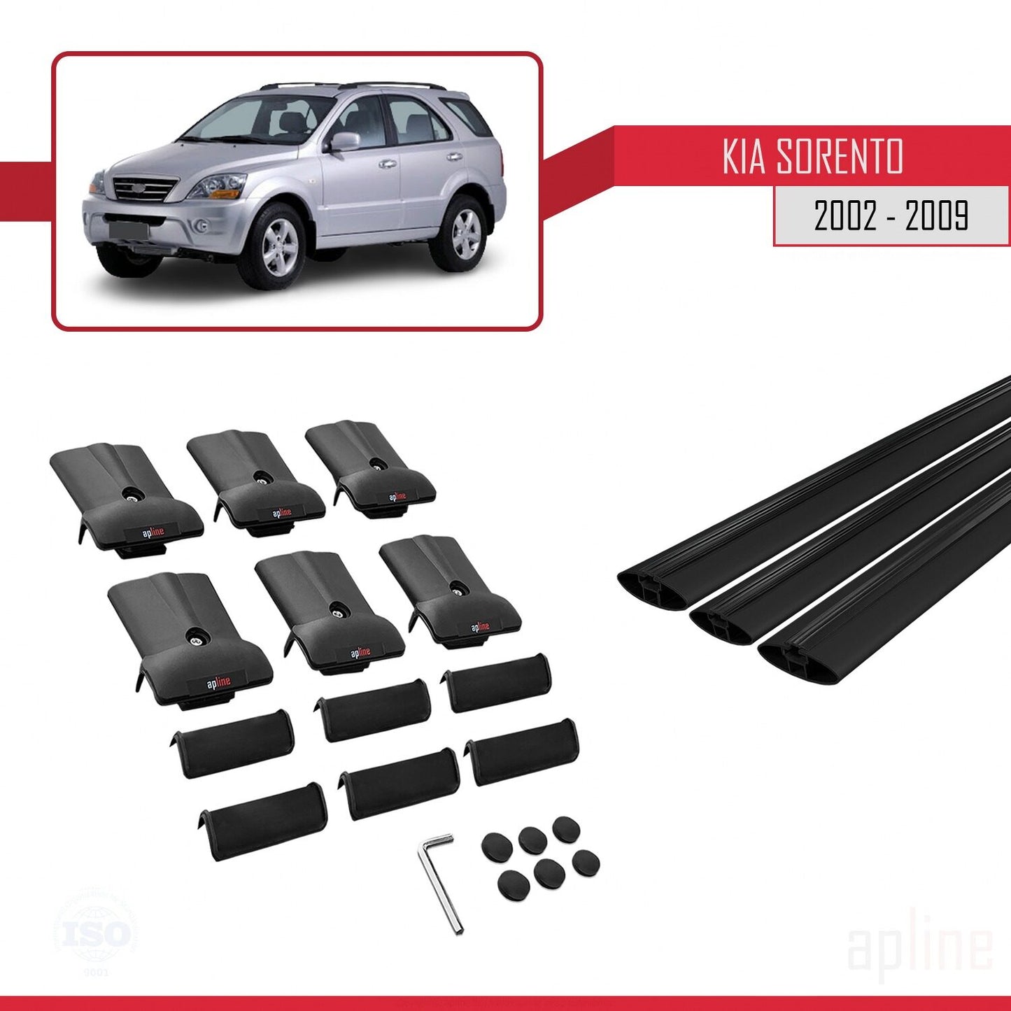 Compatible avec Kia Sorento (BL) 2002-2009 FLY Model Barres de Toit Railing Porte-Bagages de Voiture Noir Aluminium 3 Barres