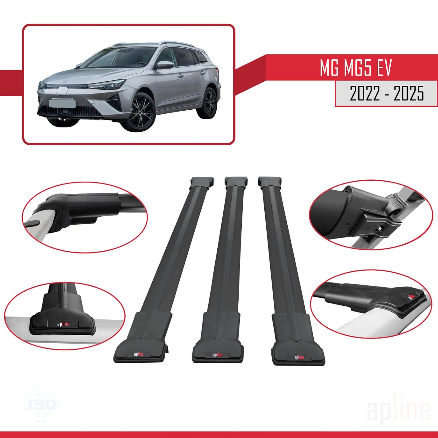 Compatible avec MG 5 EV 2022-2025 FLY Model Barres de Toit Railing Porte-Bagages de Voiture Noir Aluminium 3 Barres