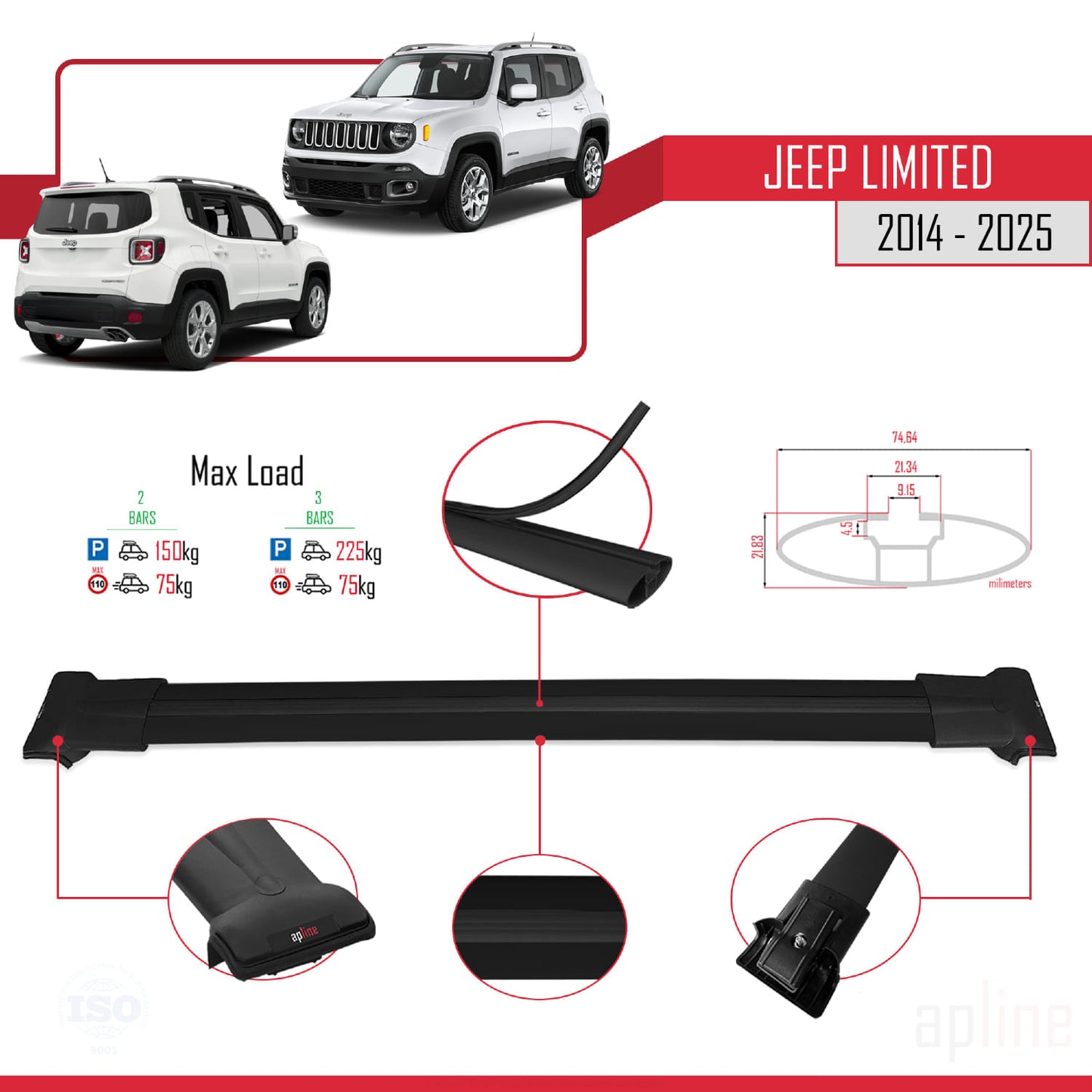 Compatible avec Jeep Limited 2014-2025 FLY Model Barres de Toit Railing Porte-Bagages de Voiture Noir Aluminium 2 Barres