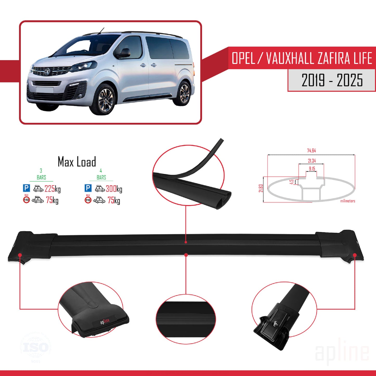 Compatible avec Opel Zafira Life 2019-2025 FLY Model Barres de Toit Railing Porte-Bagages de Voiture Noir Aluminium 3 Barres