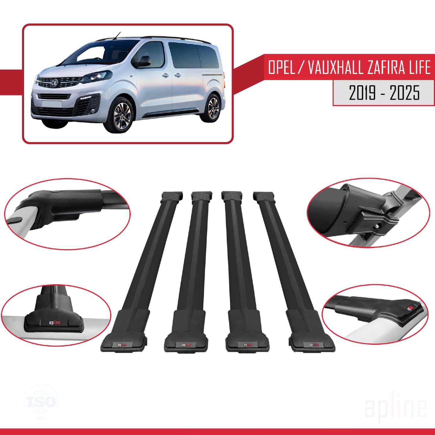 Compatible avec Opel Zafira Life 2019-2025 FLY Model Barres de Toit Railing Porte-Bagages de Voiture Noir Aluminium 4 Barres
