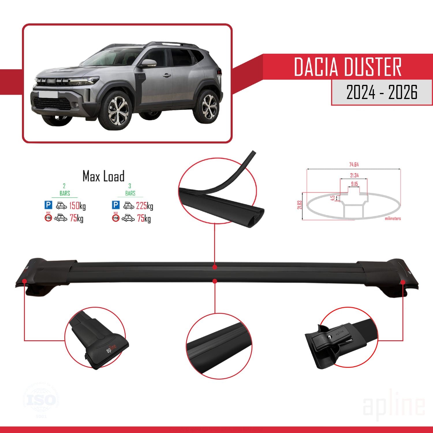 Compatible avec Dacia Duster 3 (P1310) 2024-2025 FLY Model Barres de Toit Railing Porte-Bagages de Voiture Noir Aluminium 2 Barres