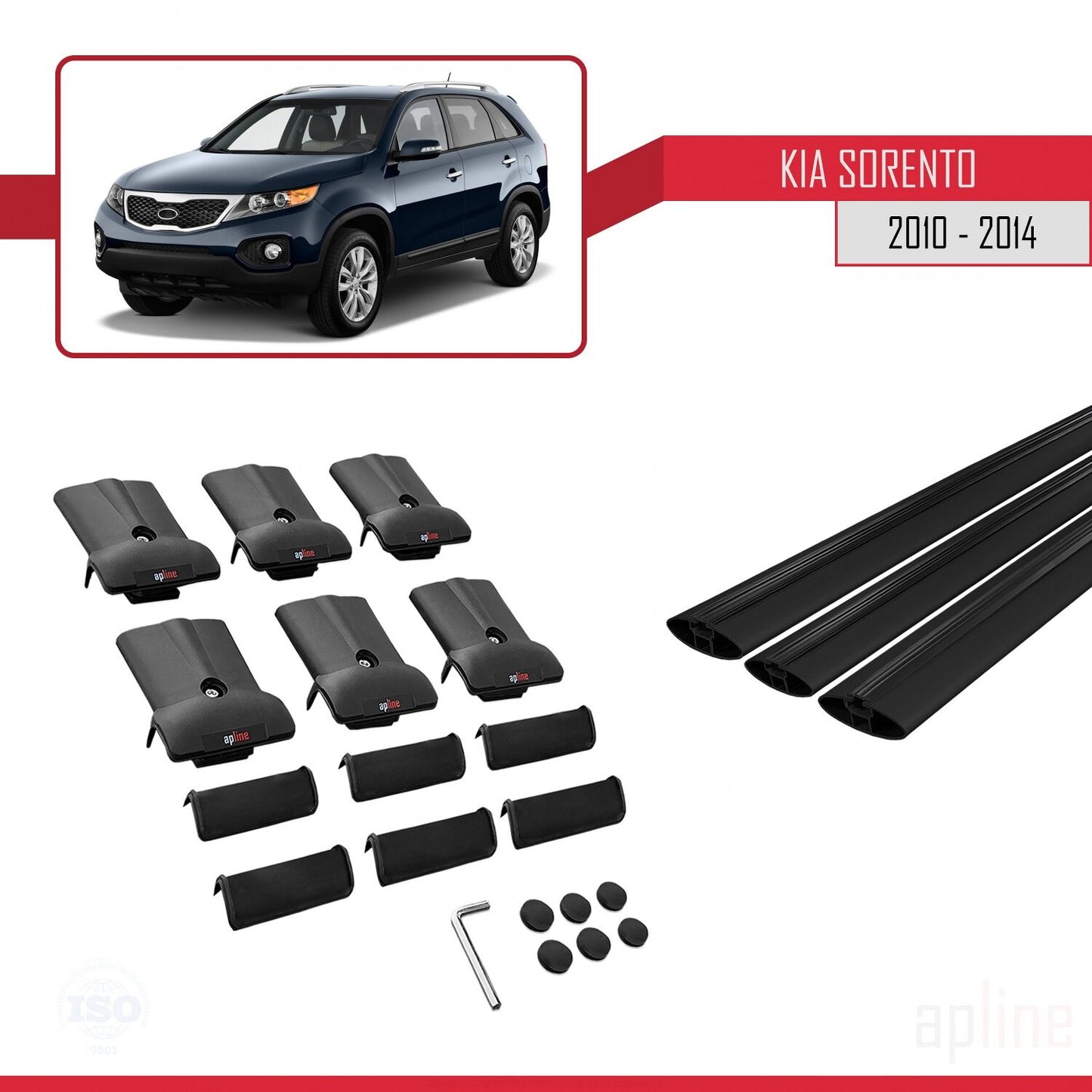 Compatible with Kia Sorento 2 (XM) 2010-2014 FLY Model Car Roof Rack Cross Bar Black Aluminium 3 Bars