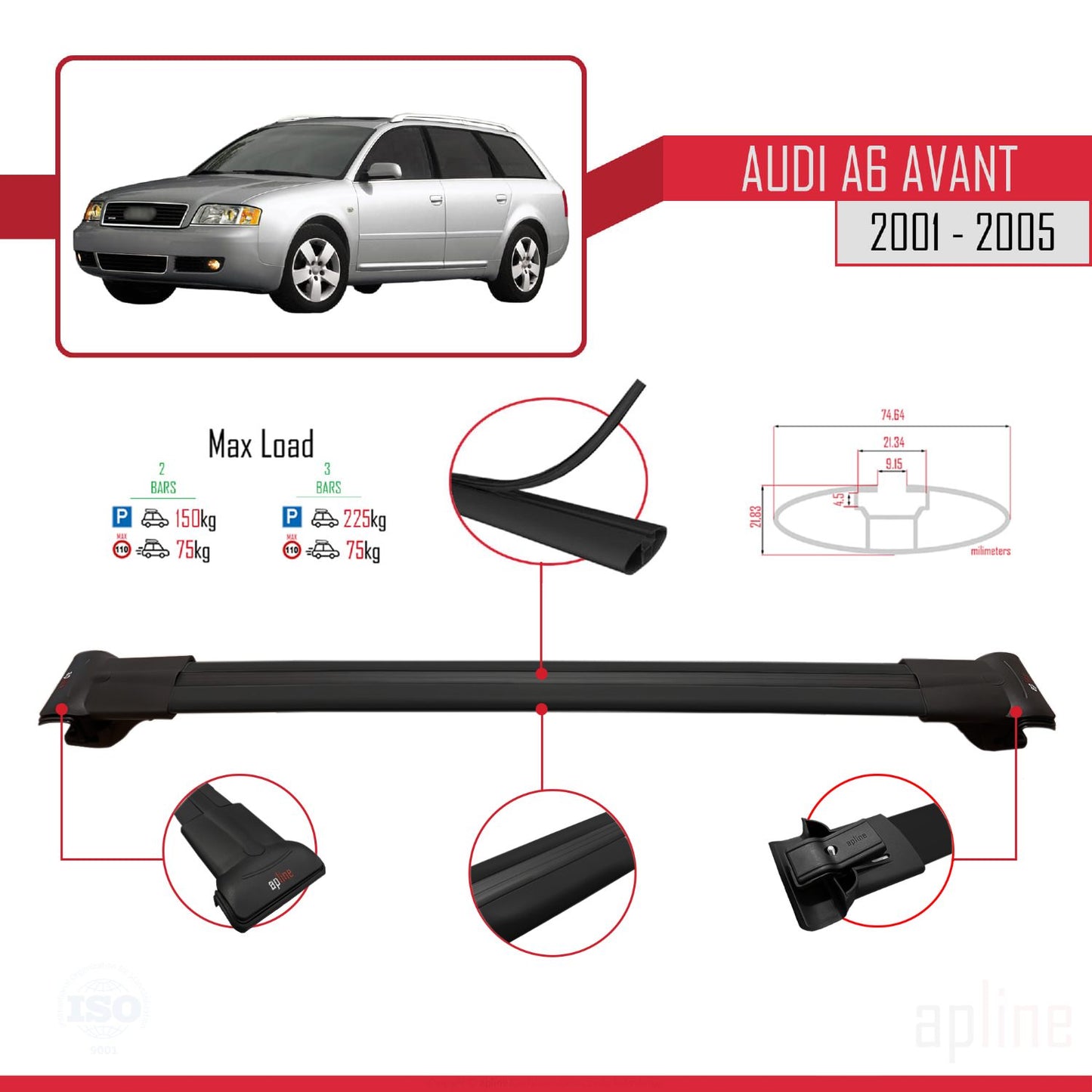 Compatible avec Audi A6 Avant 2001-2005 FLY Model Barres de Toit Railing Porte-Bagages de Voiture Noir Aluminium 3 Barres