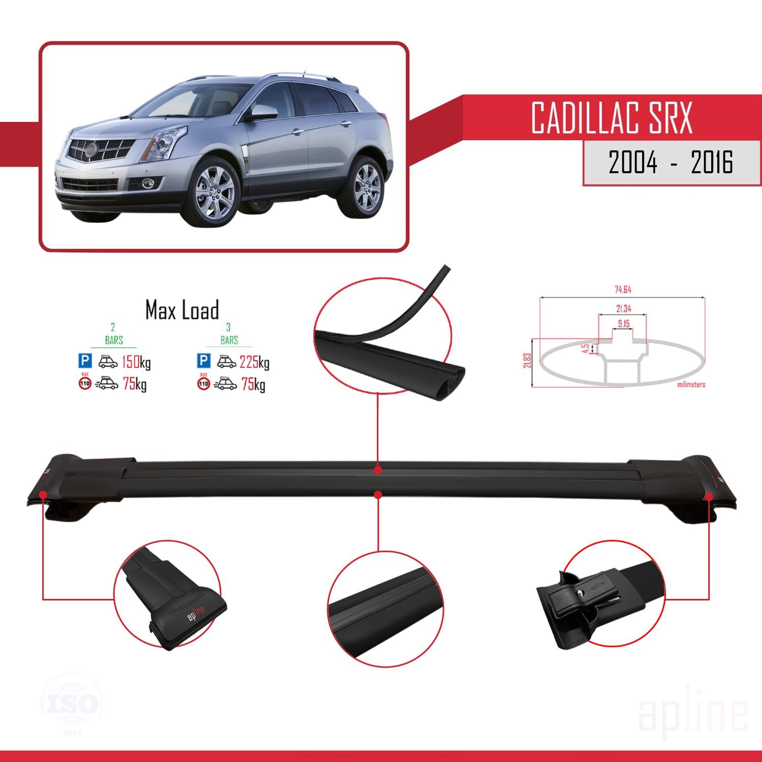 Compatible avec Cadillac SRX 2004-2016 FLY Model Barres de Toit Railing Porte-Bagages de Voiture Noir Aluminium 3 Barres