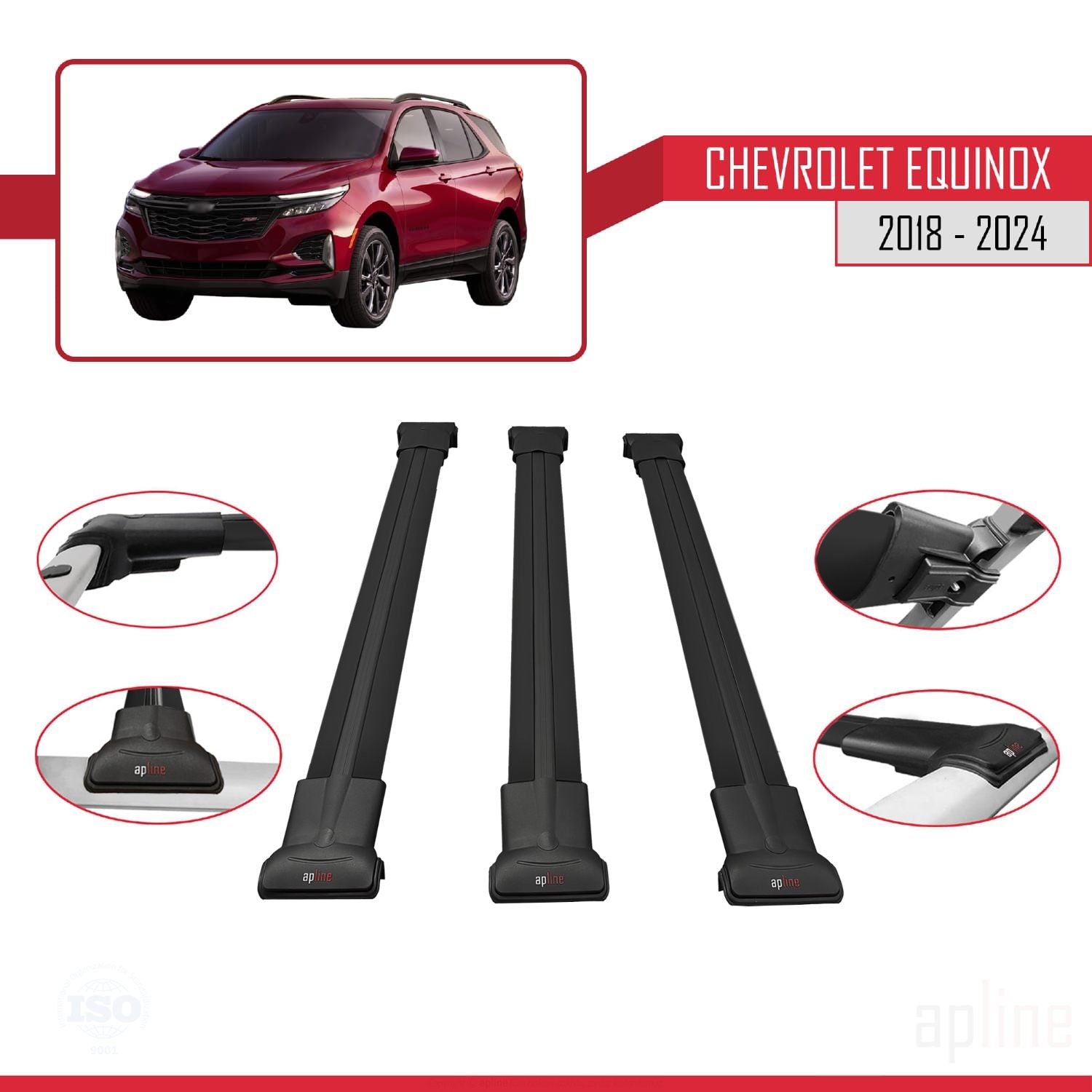 Compatible avec Chevrolet Equinox 2018-2024 FLY Model Barres de Toit Railing Porte-Bagages de Voiture Noir Aluminium 3 Barres