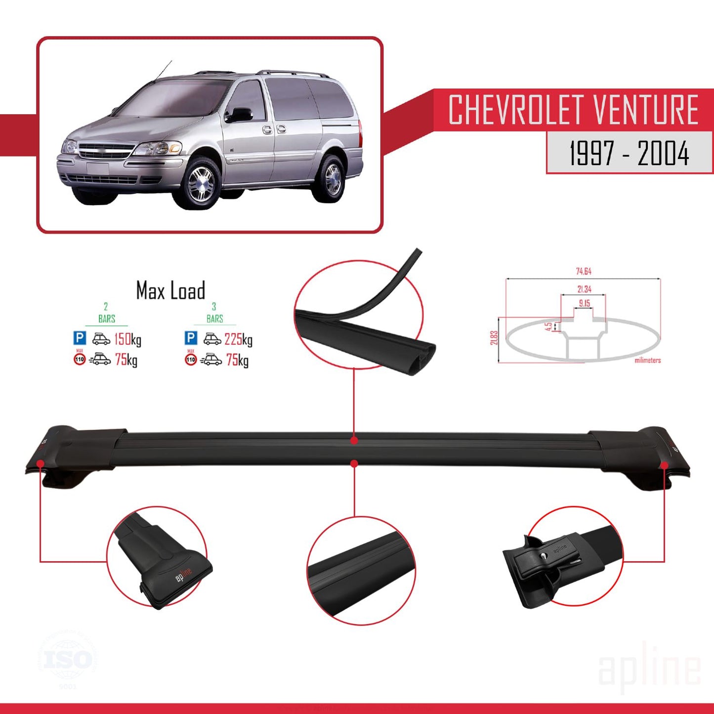 Compatible avec Chevrolet Venture 1997-2004 FLY Model Barres de Toit Railing Porte-Bagages de Voiture Noir Aluminium 3 Barres