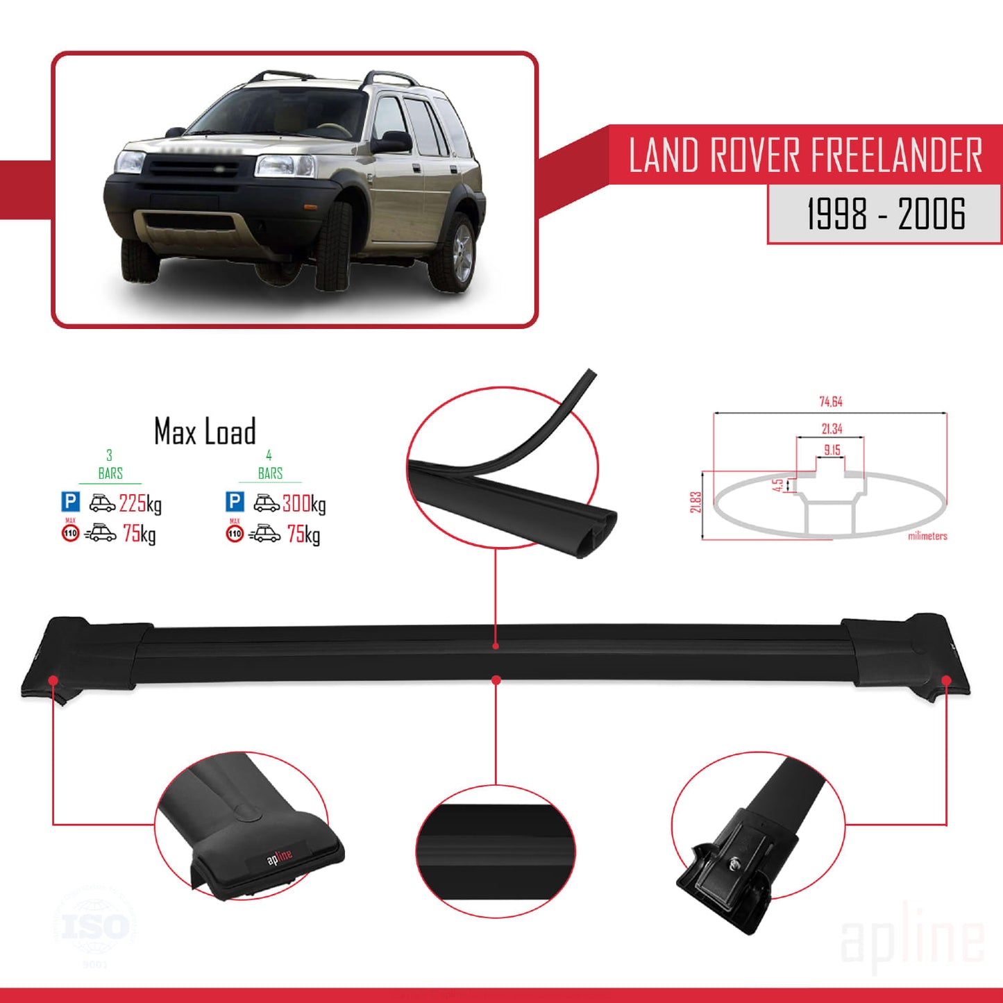 Compatible avec Land Rover Freelander (L314) 1998-2006 FLY Model Barres de Toit Railing Porte-Bagages de Voiture Noir Aluminium 3 Barres