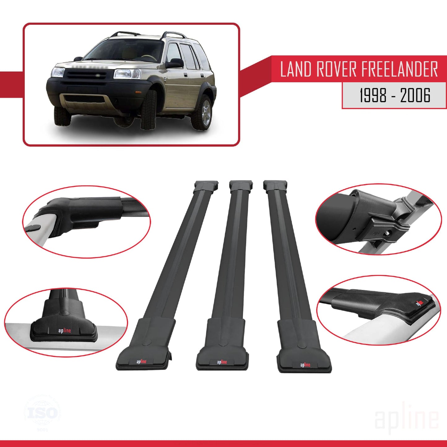 Compatible avec Land Rover Freelander (L314) 1998-2006 FLY Model Barres de Toit Railing Porte-Bagages de Voiture Noir Aluminium 3 Barres