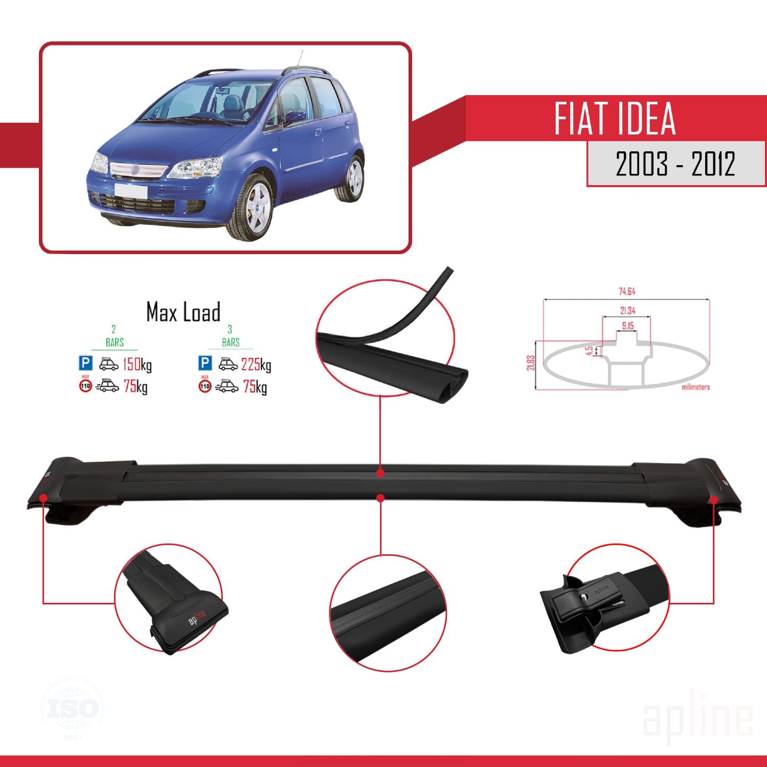 Compatible avec Fiat Idea 2003-2012 FLY Model Barres de Toit Railing Porte-Bagages de Voiture Noir Aluminium 3 Barres