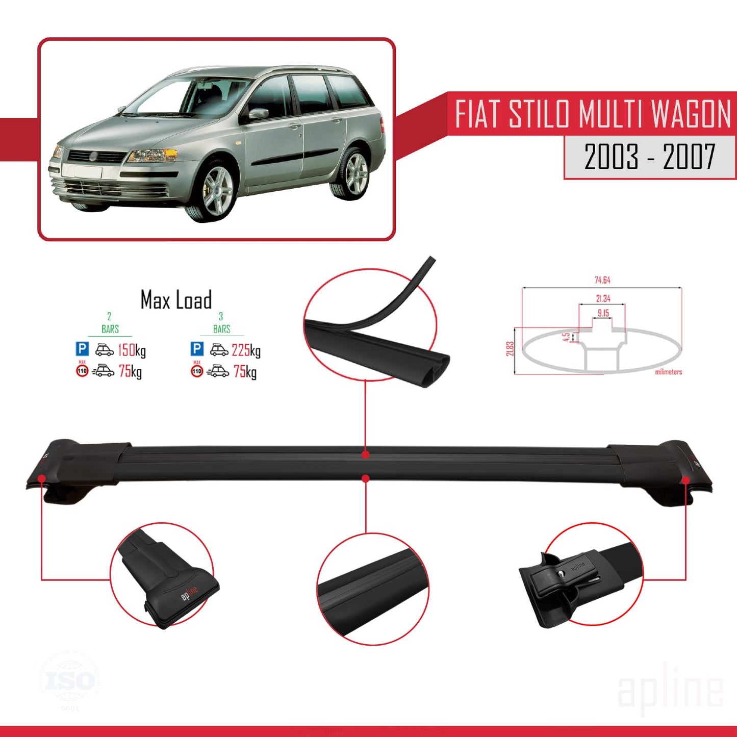Compatible avec Fiat Stilo Multi Wagon 2003-2007 FLY Model Barres de Toit Railing Porte-Bagages de Voiture Noir Aluminium 2 Barres