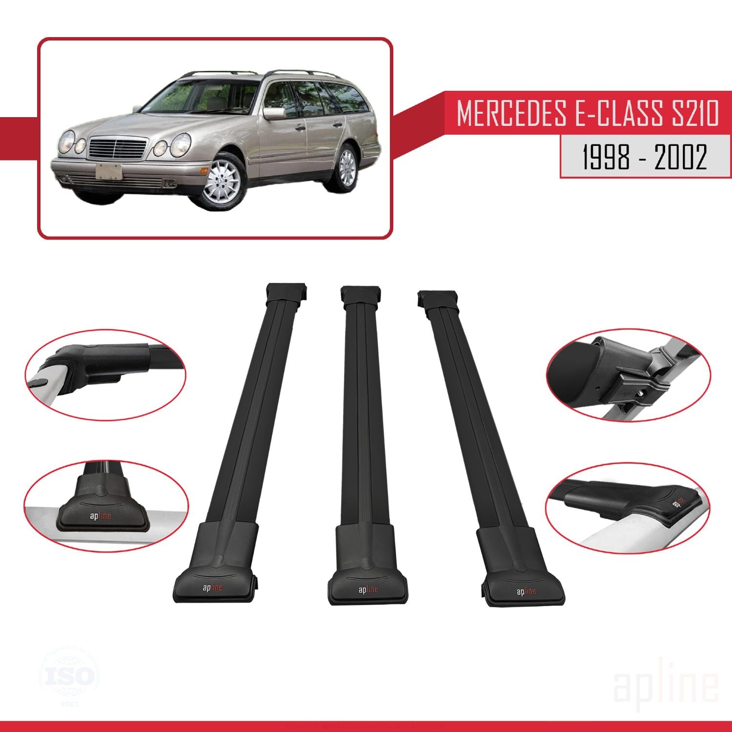 Compatible avec Mercedes E Class S210 Wagon 1998-2002 FLY Model Barres de Toit Railing Porte-Bagages de Voiture Noir Aluminium 3 Barres
