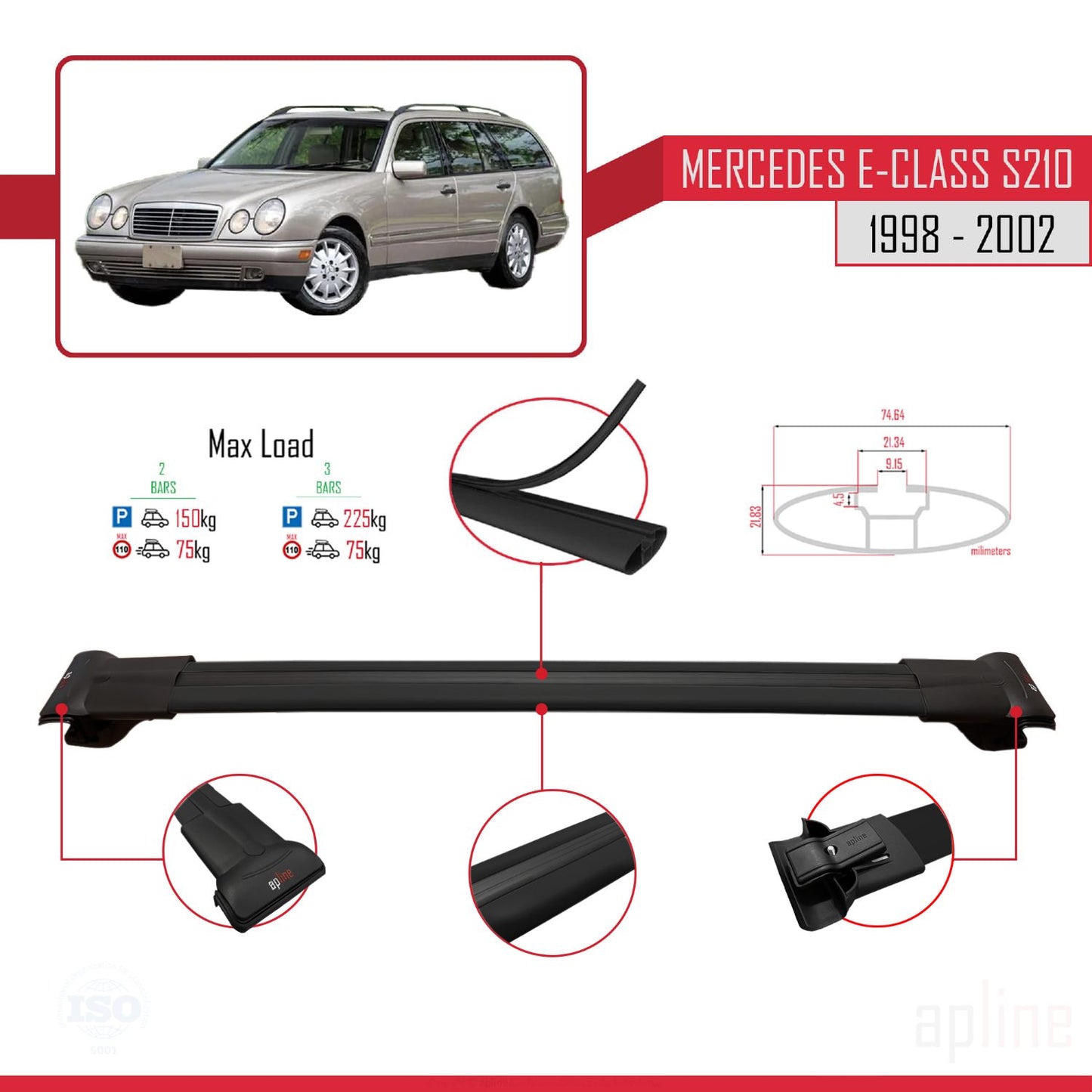 Compatible avec Mercedes E Class S210 Wagon 1998-2002 FLY Model Barres de Toit Railing Porte-Bagages de Voiture Noir Aluminium 3 Barres