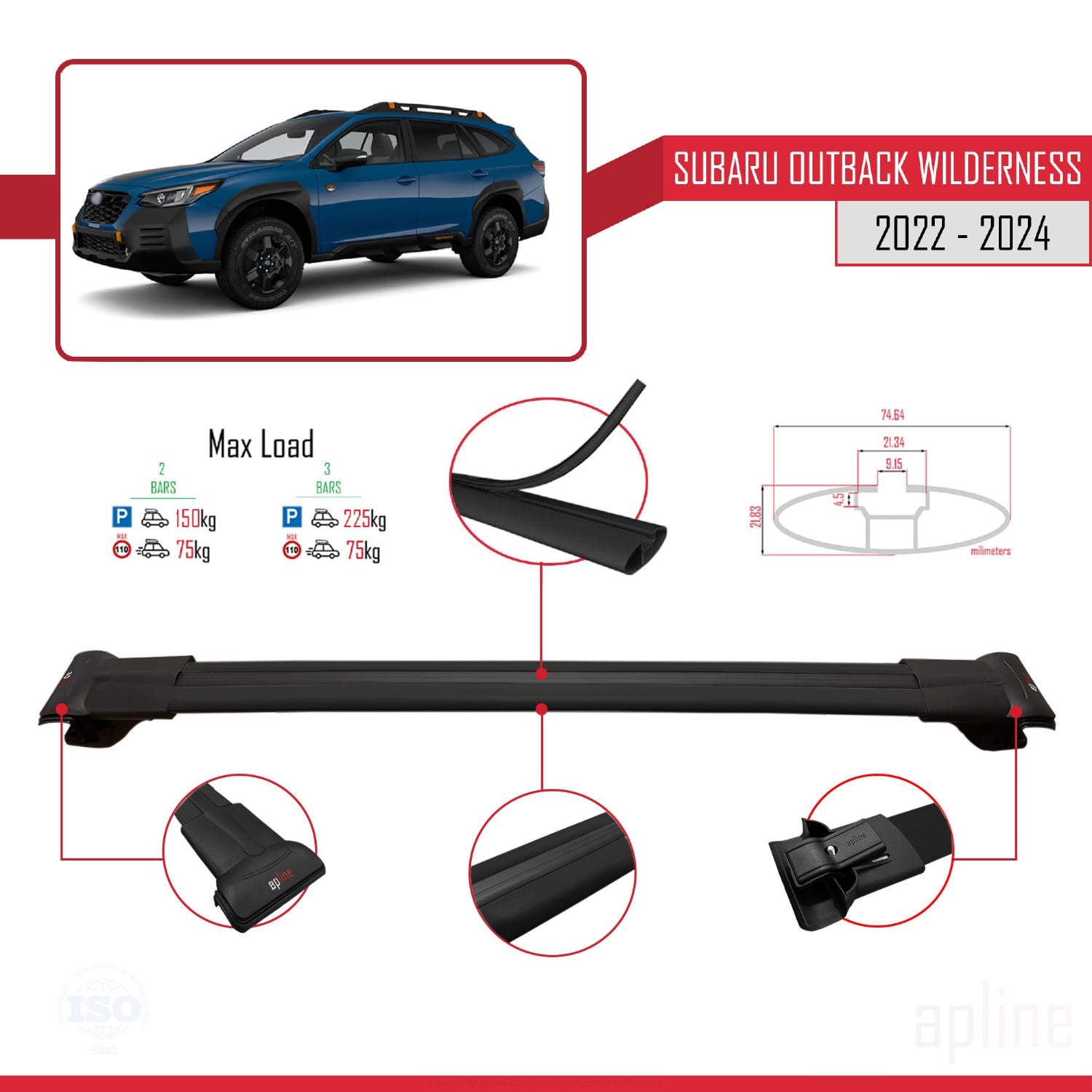Compatible avec Subaru Outback Wilderness 2022-2024 FLY Model Barres de Toit Railing Porte-Bagages de Voiture Noir Aluminium 2 Barres