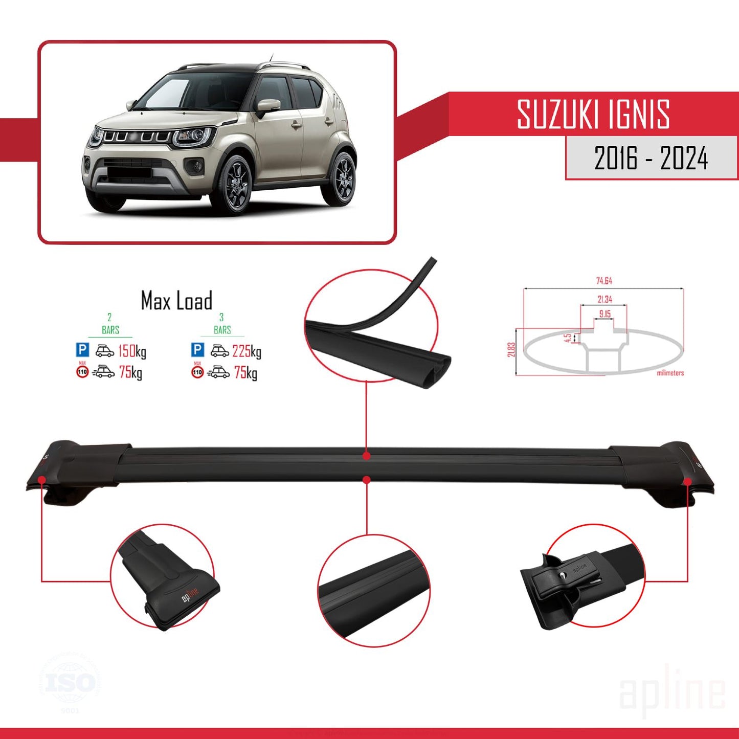 Compatible avec Suzuki Ignis 2016-2024 FLY Model Barres de Toit Railing Porte-Bagages de Voiture Noir Aluminium 2 Barres