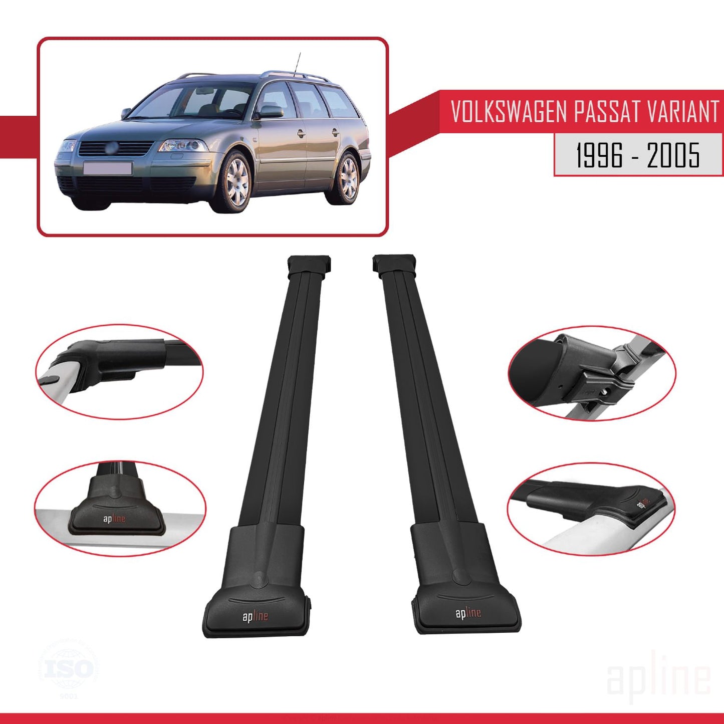 Compatible avec VW Passat B5 Variant 1996-2005 FLY Model Barres de Toit Railing Porte-Bagages de Voiture Noir Aluminium 2 Barres
