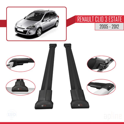 Compatible avec Renault Clio 3 Estate 2005-2012 FLY Model Barres de Toit Railing Porte-Bagages de Voiture Noir Aluminium 2 Barres
