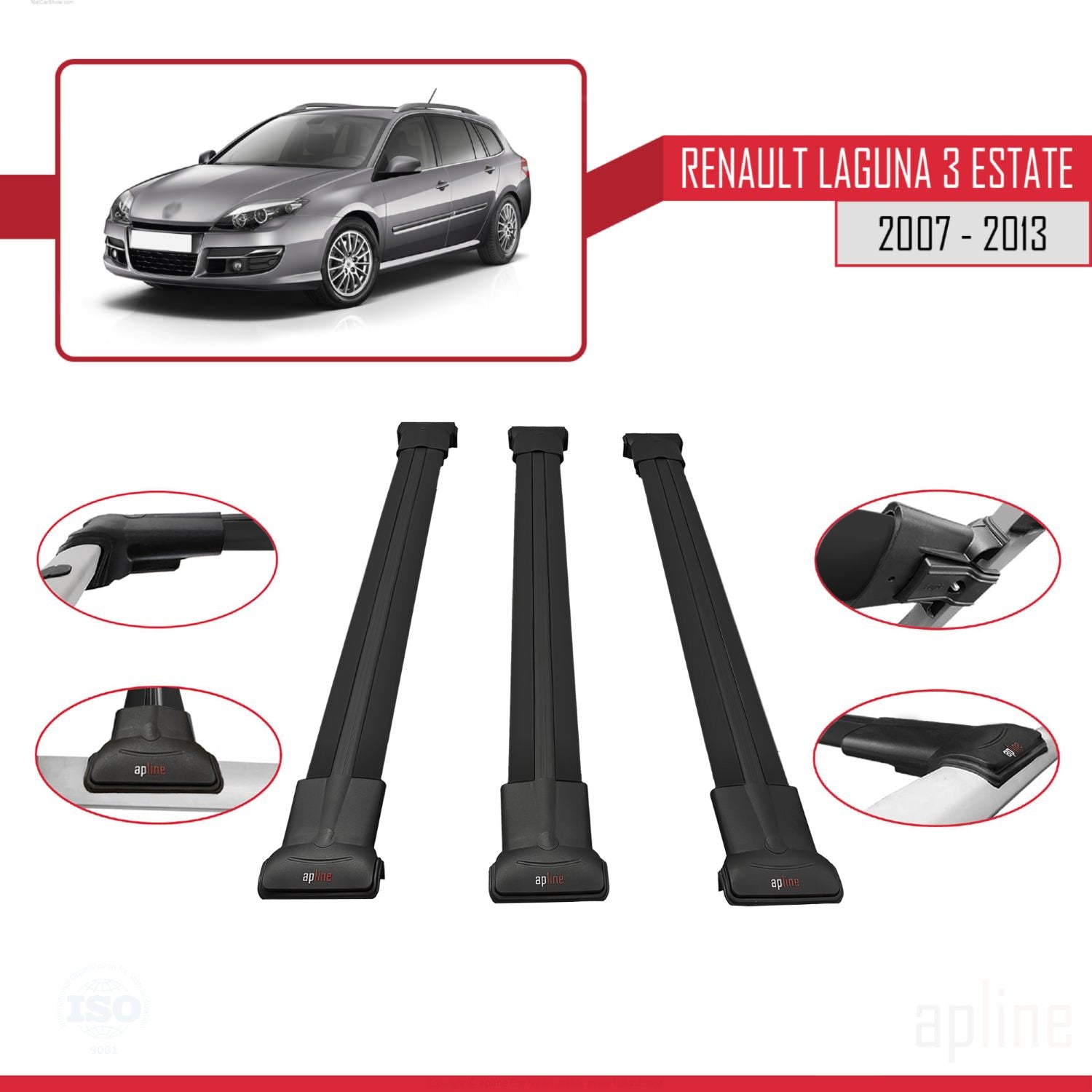 Compatible avec Renault Laguna 3 Estate 2007-2013 FLY Model Barres de Toit Railing Porte-Bagages de Voiture Noir Aluminium 3 Barres