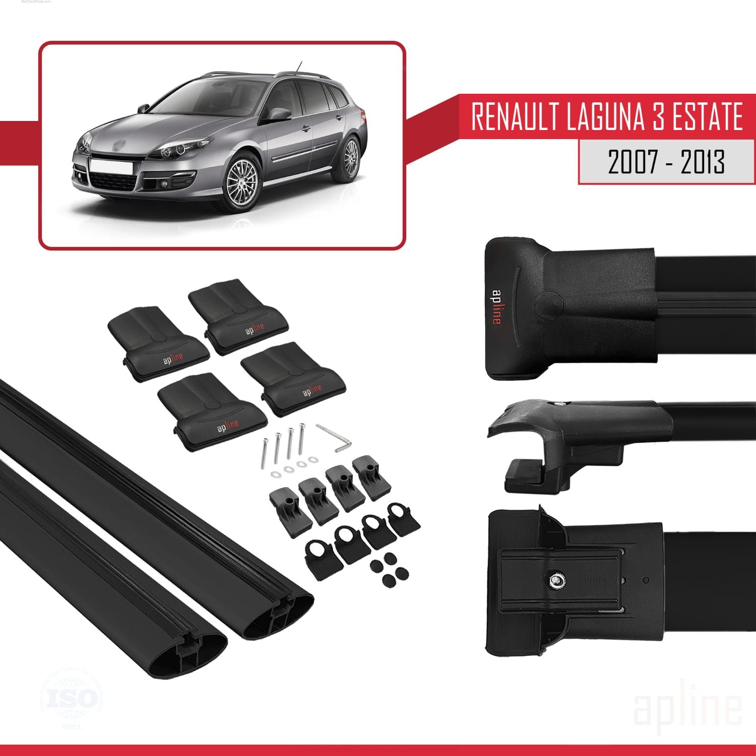 Compatible avec Renault Laguna 3 Estate 2007-2013 FLY Model Barres de Toit Railing Porte-Bagages de Voiture Noir Aluminium 2 Barres