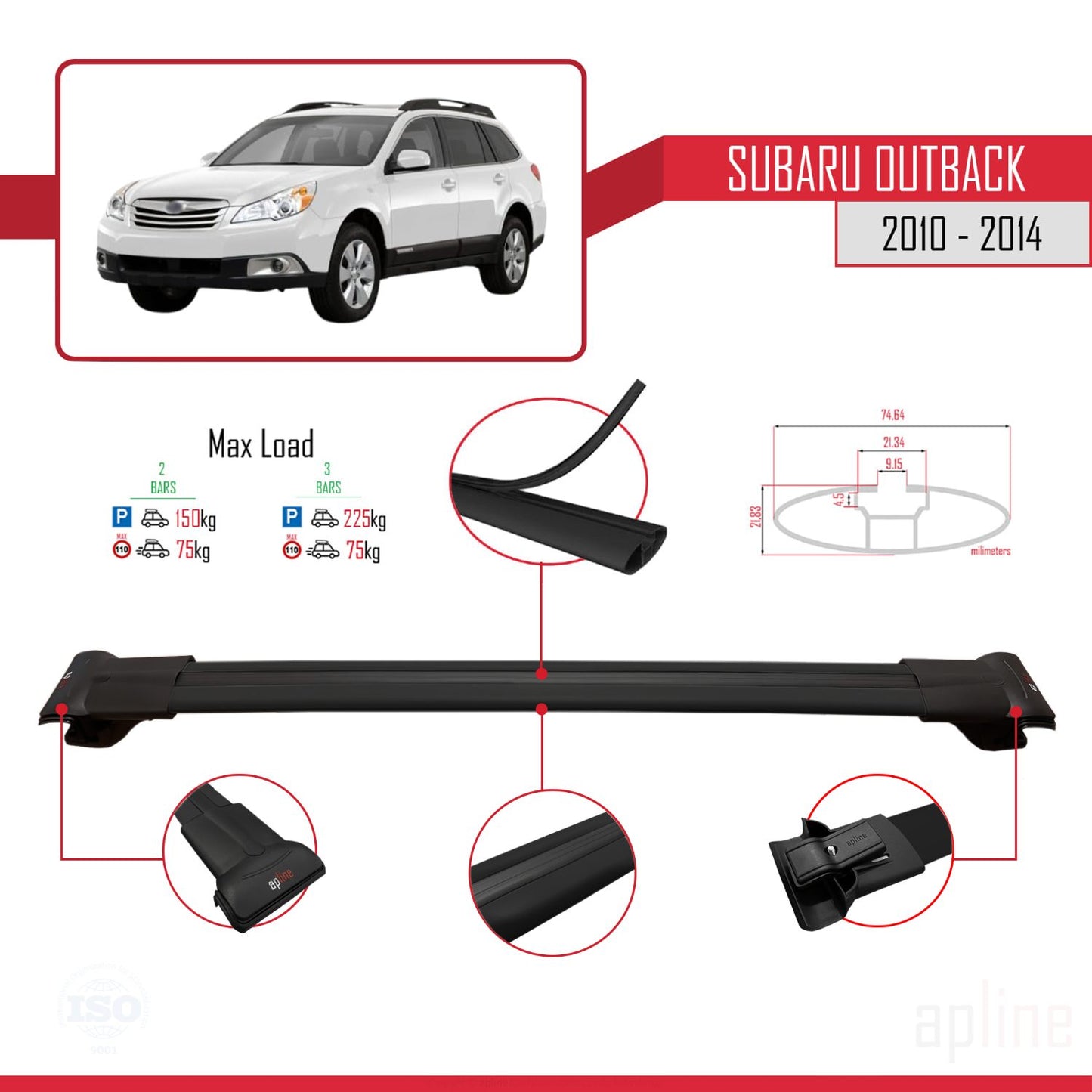 Compatible avec Subaru Outback 2010-2014 FLY Model Barres de Toit Railing Porte-Bagages de Voiture Noir Aluminium 2 Barres