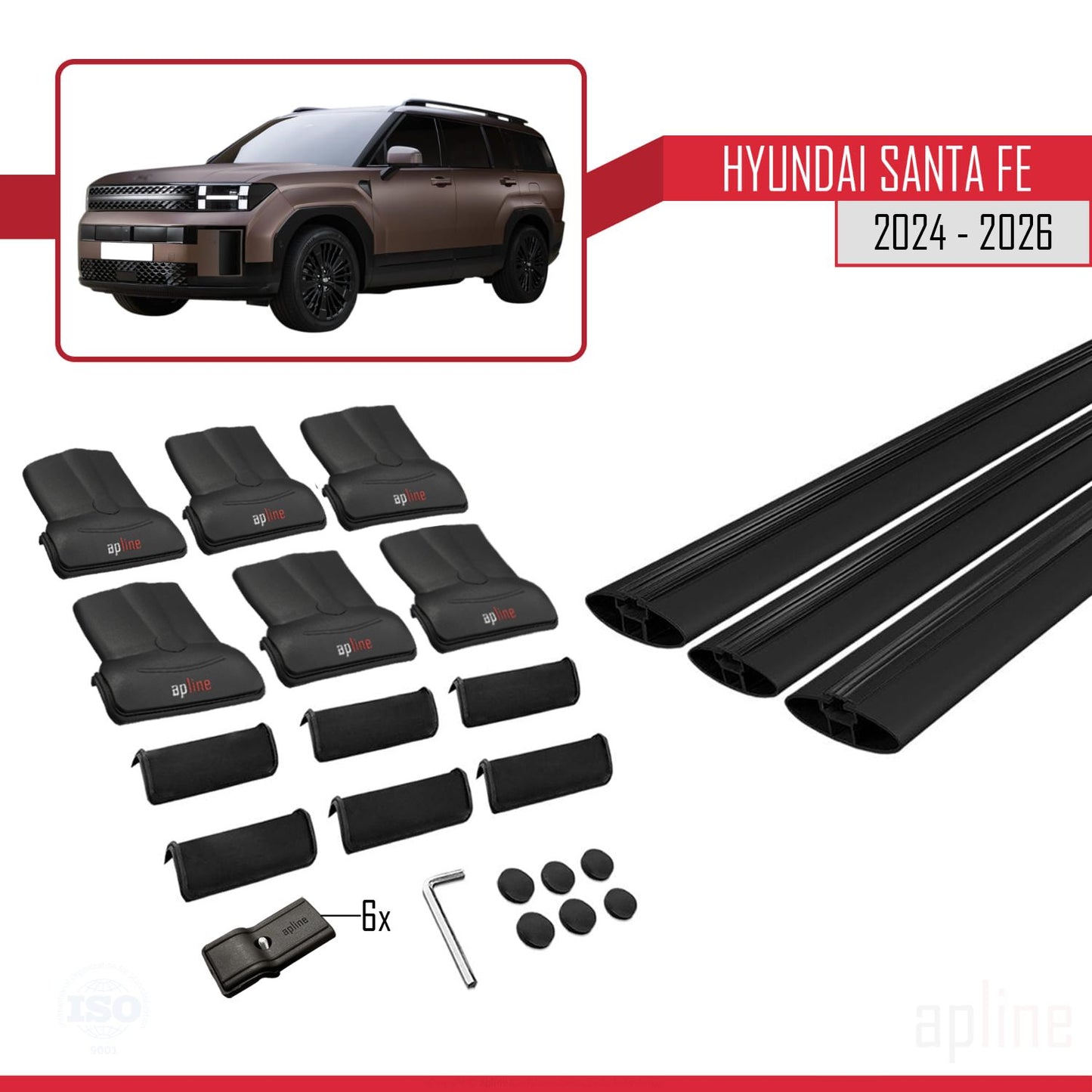 Compatible avec Hyundai Santa Fe 2024-2025 FLY Model Barres de Toit Railing Porte-Bagages de Voiture Noir Aluminium 3 Barres