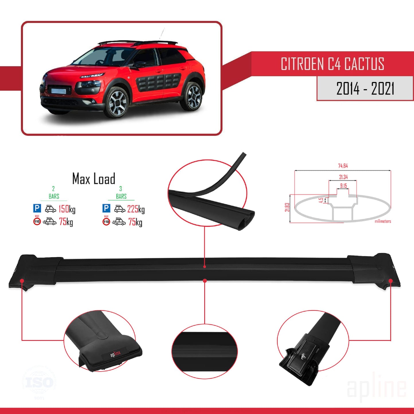 Kompatibel mit Citroen C4 Cactus 2014-2021 FLY Modell Dachgepäckträger, schwarzes Aluminium, 2 Stangen