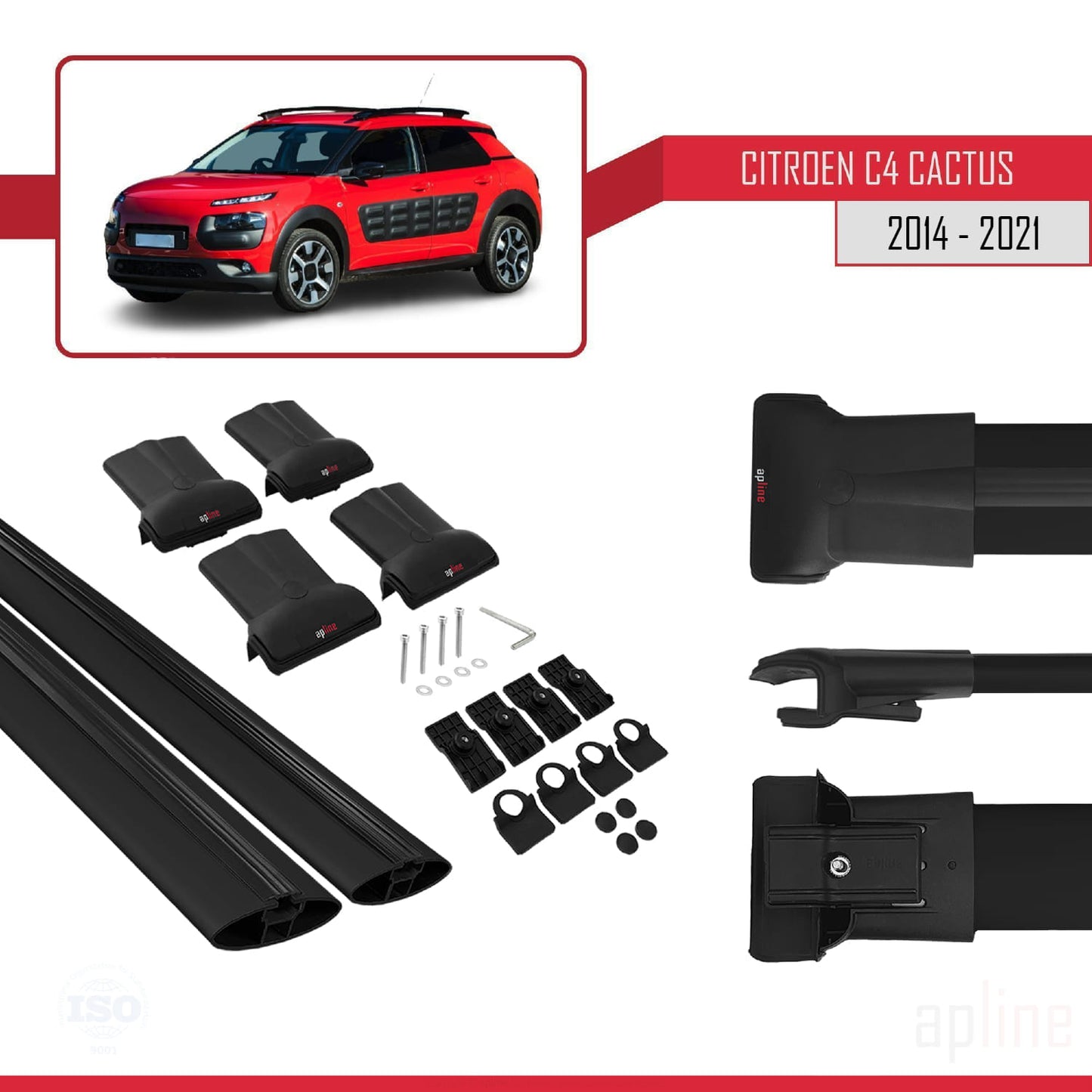 Kompatibel mit Citroen C4 Cactus 2014-2021 FLY Modell Dachgepäckträger, schwarzes Aluminium, 2 Stangen