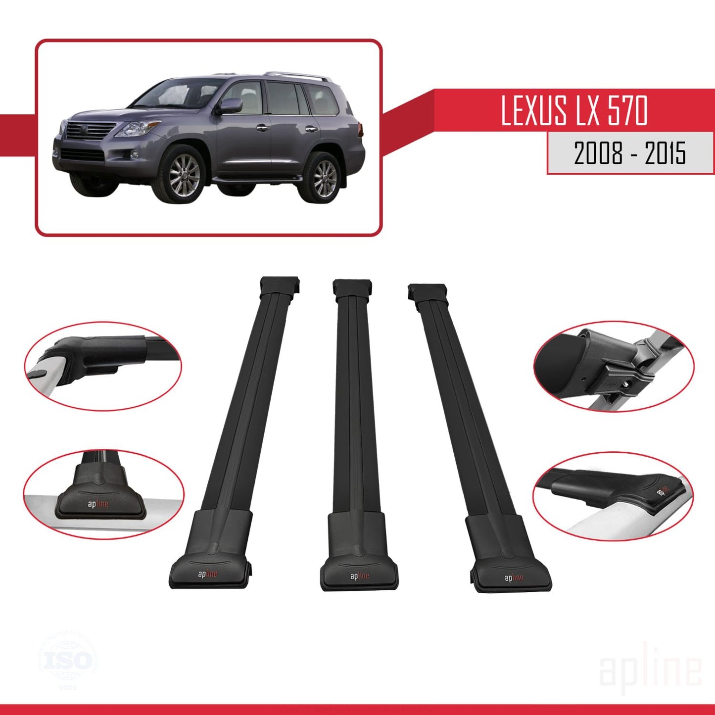 Compatible avec Lexus LX 570 2008-2015 FLY Model Barres de Toit Railing Porte-Bagages de Voiture Noir Aluminium 3 Barres