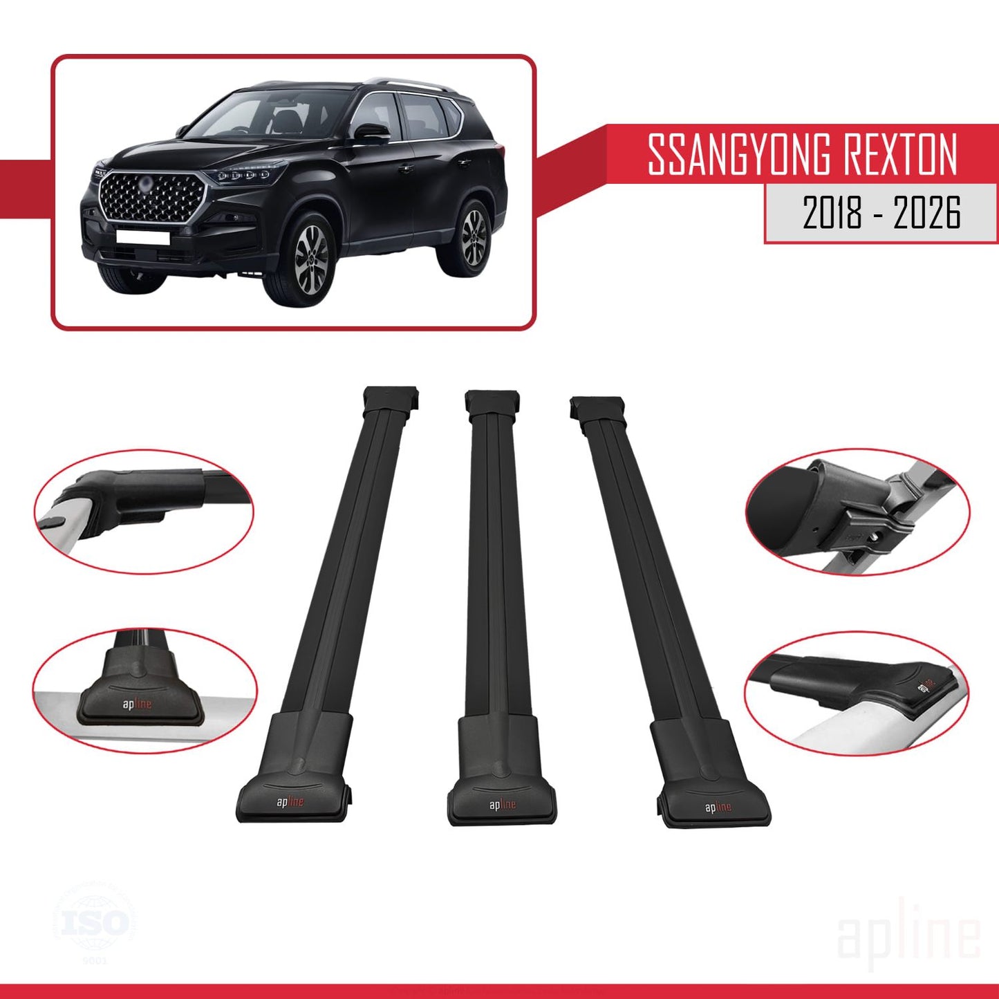 Compatible avec SsangYong Rexton 2018-2025 FLY Model Barres de Toit Railing Porte-Bagages de Voiture Noir Aluminium 3 Barres
