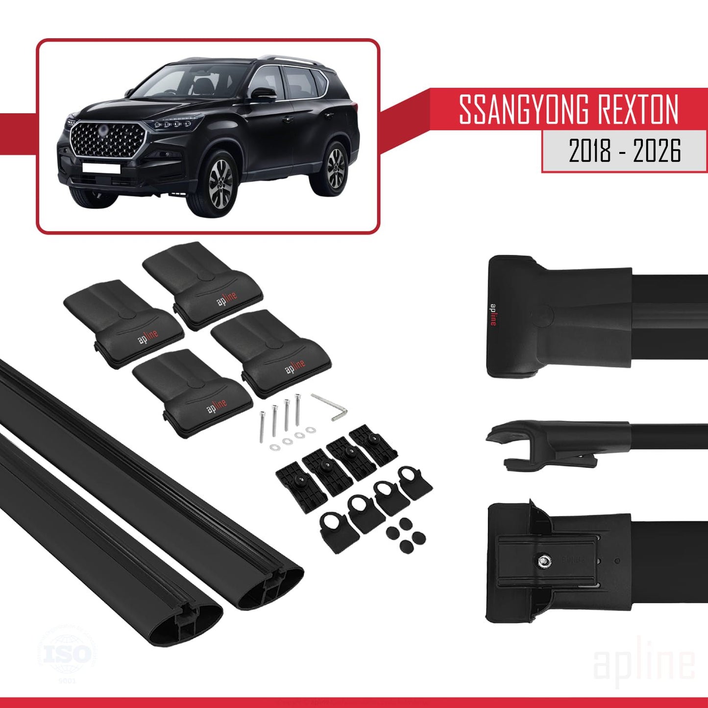Compatible avec SsangYong Rexton 2018-2025 FLY Model Barres de Toit Railing Porte-Bagages de Voiture Noir Aluminium 2 Barres