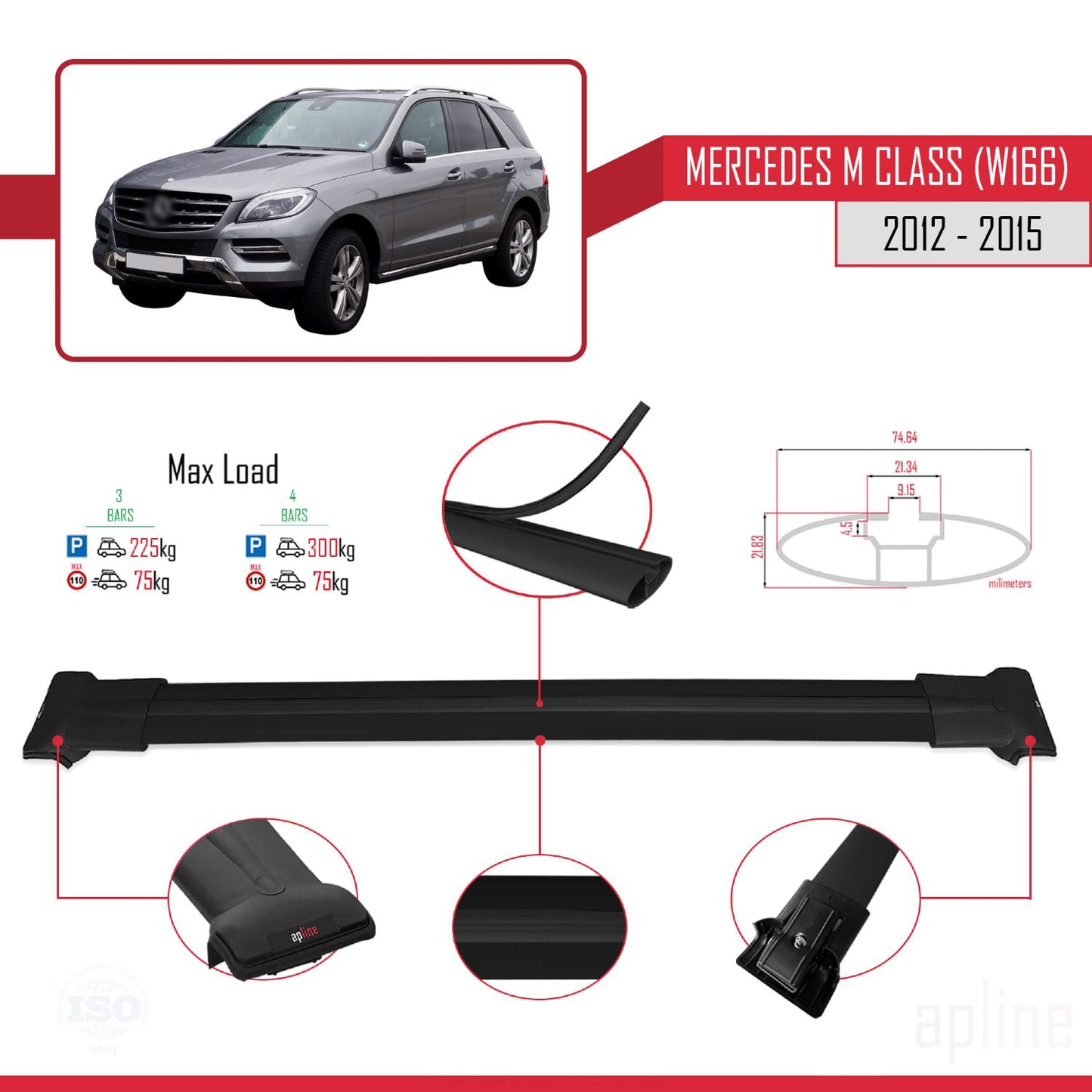 Compatible avec Mercedes M Class 3 (W166) Pre-Facelift 2012-2015 FLY Model Barres de Toit Railing Porte-Bagages de Voiture Noir Aluminium 3 Barres