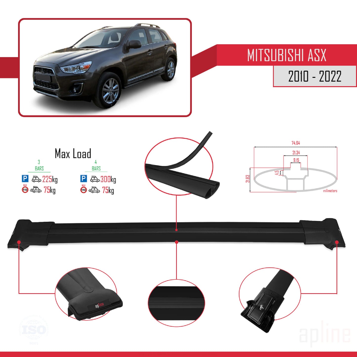 Compatible with Mitsubishi ASX (GA) 2010-2022 FLY Model Car Roof Rack Cross Bar Black Aluminium 3 Bars