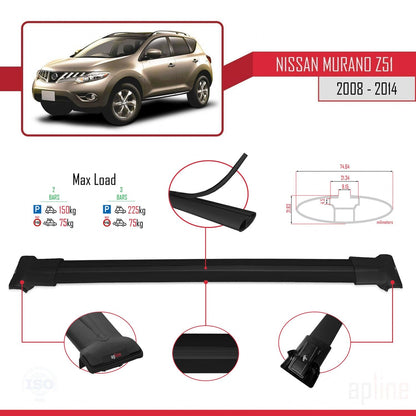 Compatible with Nissan Murano 2 (Z51) 2008-2014 FLY Model Car Roof Rack Cross Bar Black Aluminium 2 Bars