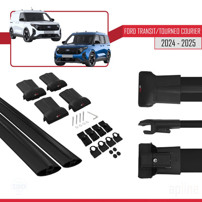 Compatible avec Ford Transit/Tourneo Courier 2024-2025 FLY Model Barres de Toit Railing Porte-Bagages de Voiture Noir Aluminium 4 Barres