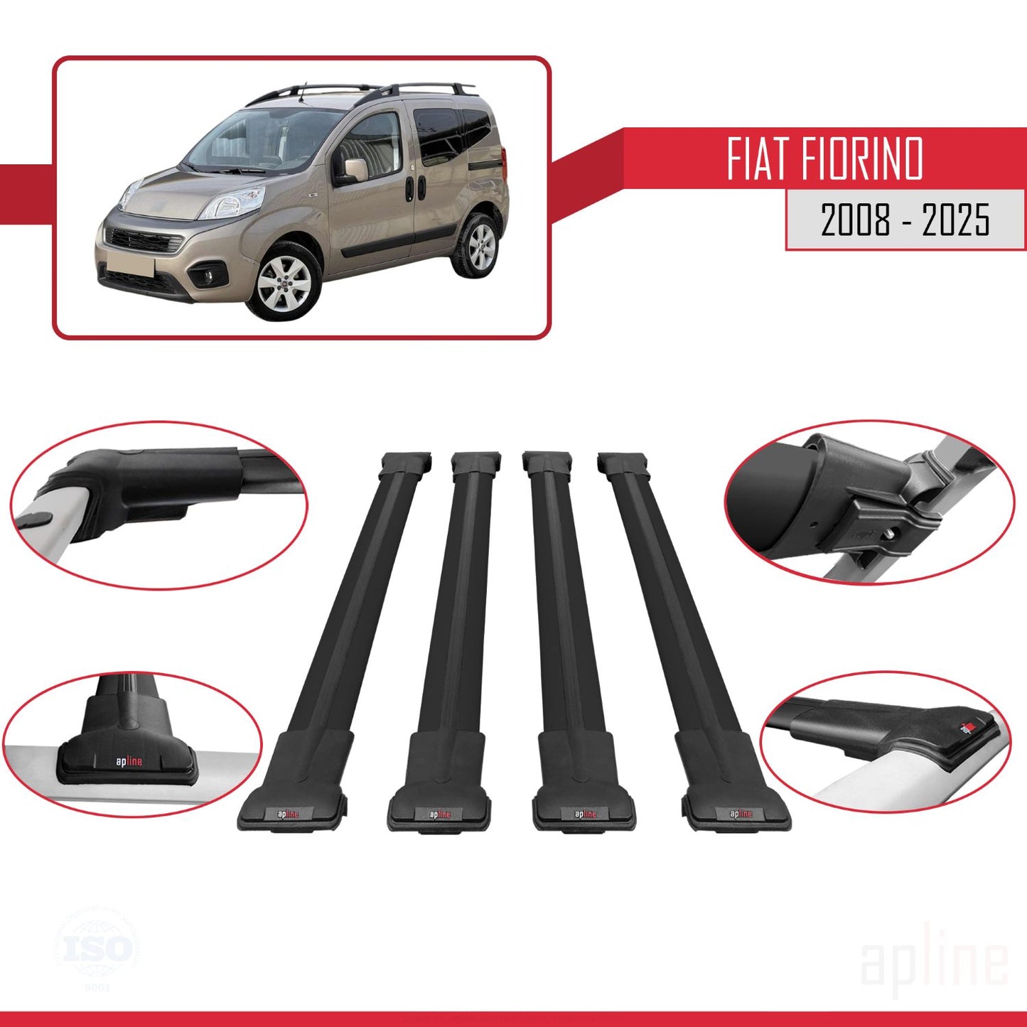 Compatible avec Fiat Fiorino (Modèle Tubulaire) 2008-2025 FLY Model Barres de Toit Railing Porte-Bagages de Voiture Noir Aluminium 4 Barres