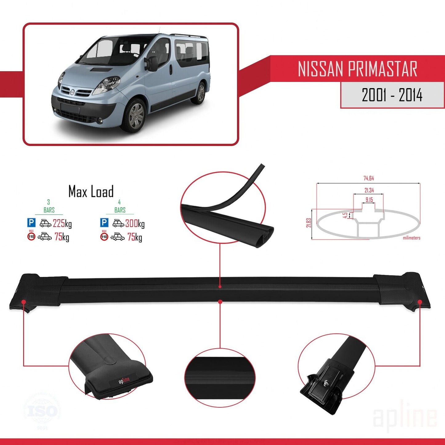 Compatible avec Nissan Primastar 2001-2014 FLY Model Barres de Toit Railing Porte-Bagages de Voiture Noir Aluminium 3 Barres